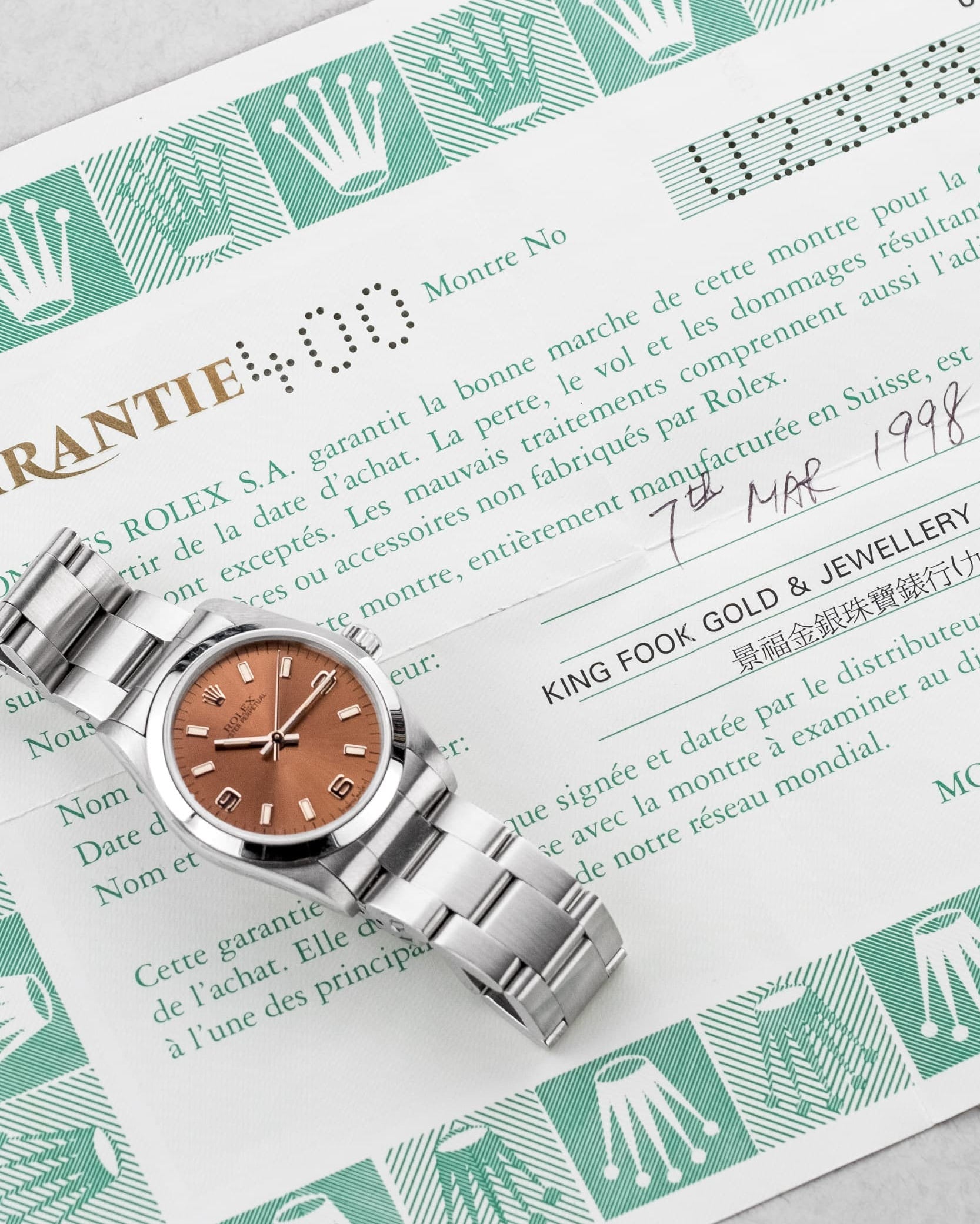 VN4D Rolex Oyster Perpetual 31 réf. 67480 de 1997-1998 – Cadran rose/saumon « Explorer 3-6-9 » - Papers