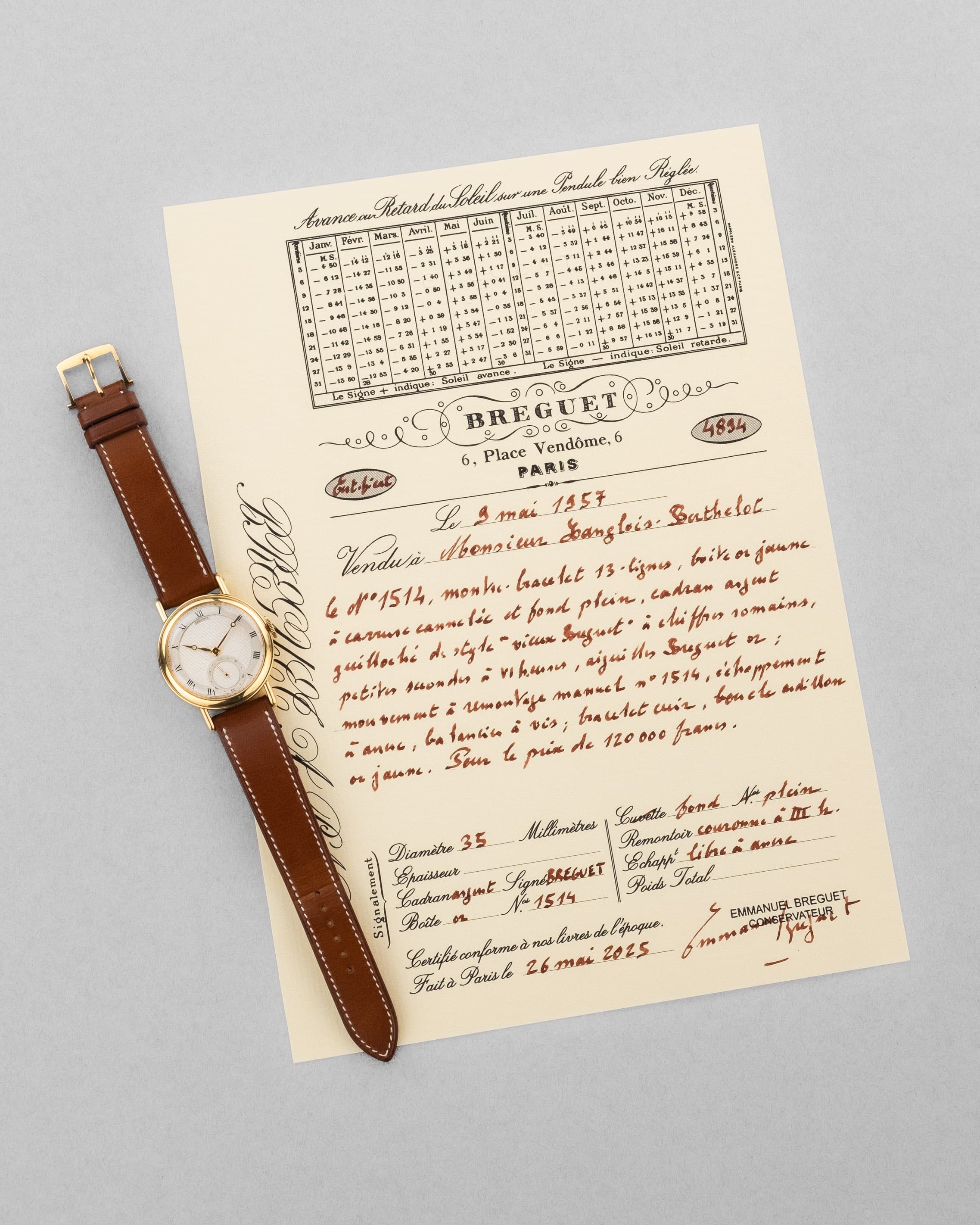 8TCB Extraordinaire Breguet « Empire » en or jaune, vendue en 1957 - Papers