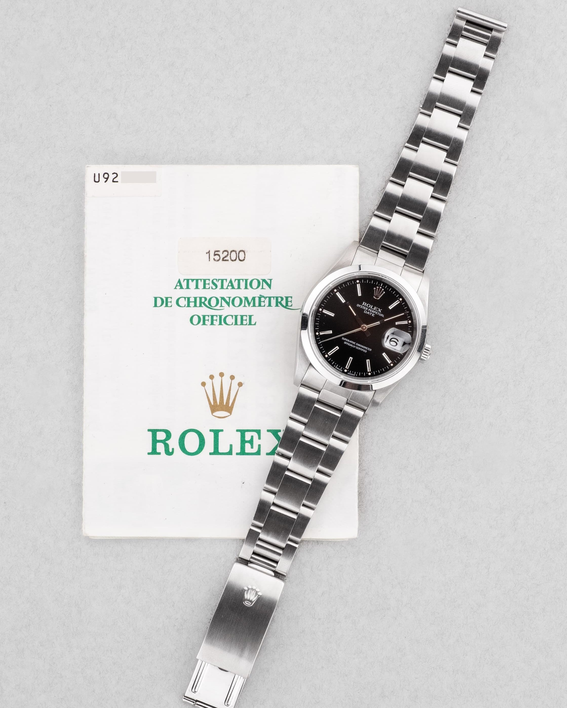 DT2Y Rolex Oyster Perpetual Date 15200 de 1999 – Cadran noir au tritium patiné - Overview