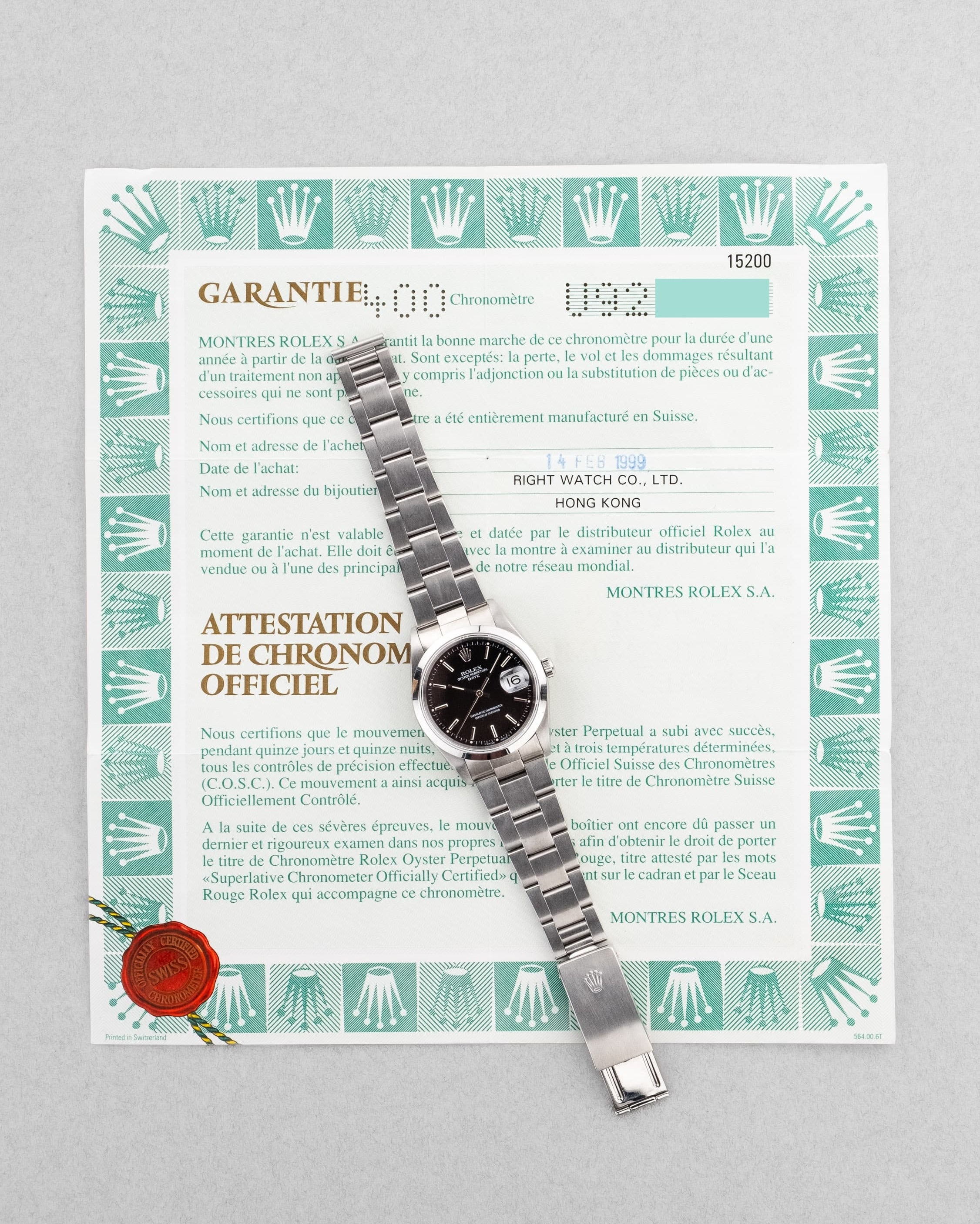 DT2Y Rolex Oyster Perpetual Date 15200 de 1999 – Cadran noir au tritium patiné - Papers