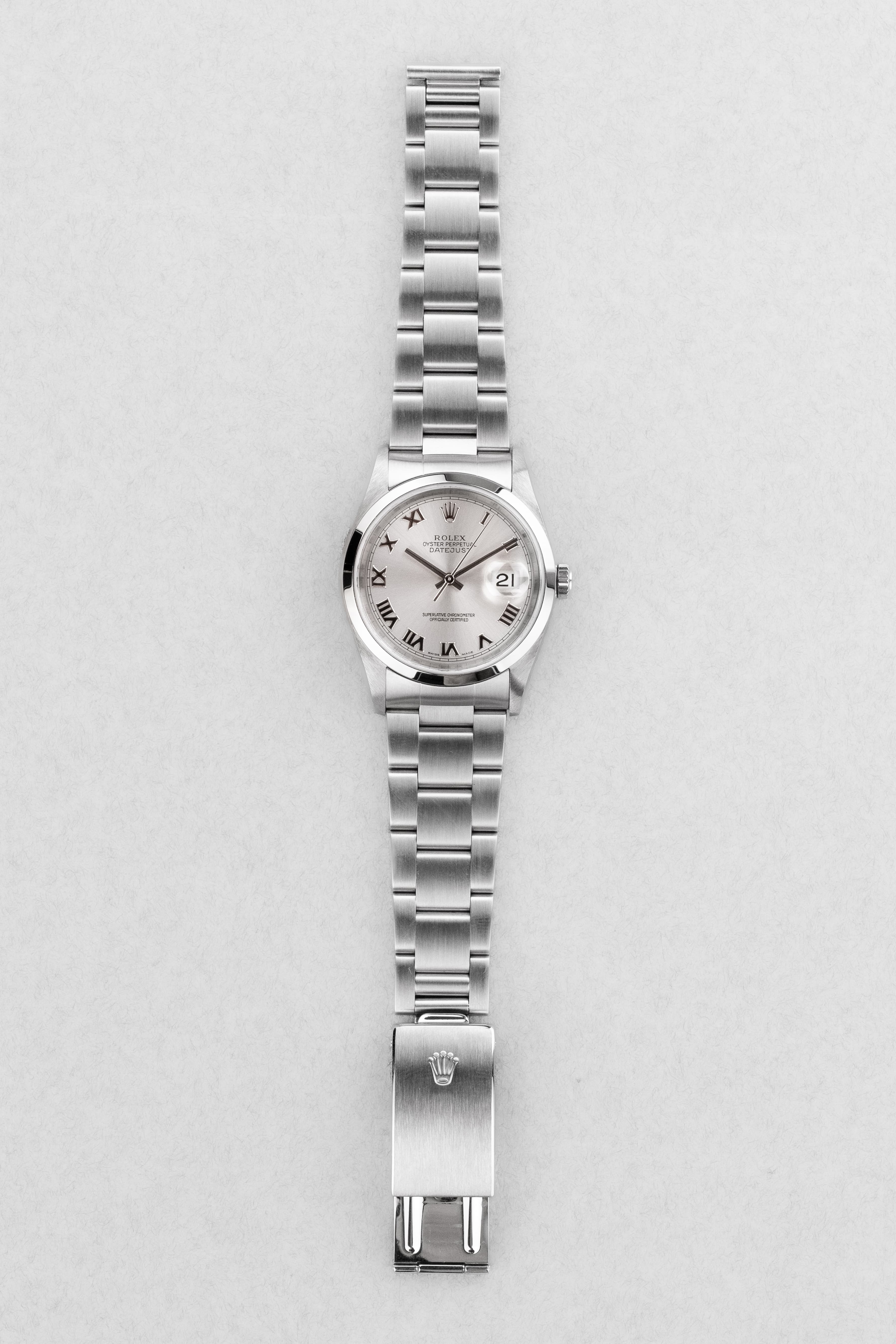 E3KB Rolex Datejust réf. 16200 de 2002 – Cadran « Silver Roman No Lume » + Garantie d'origine - Overview