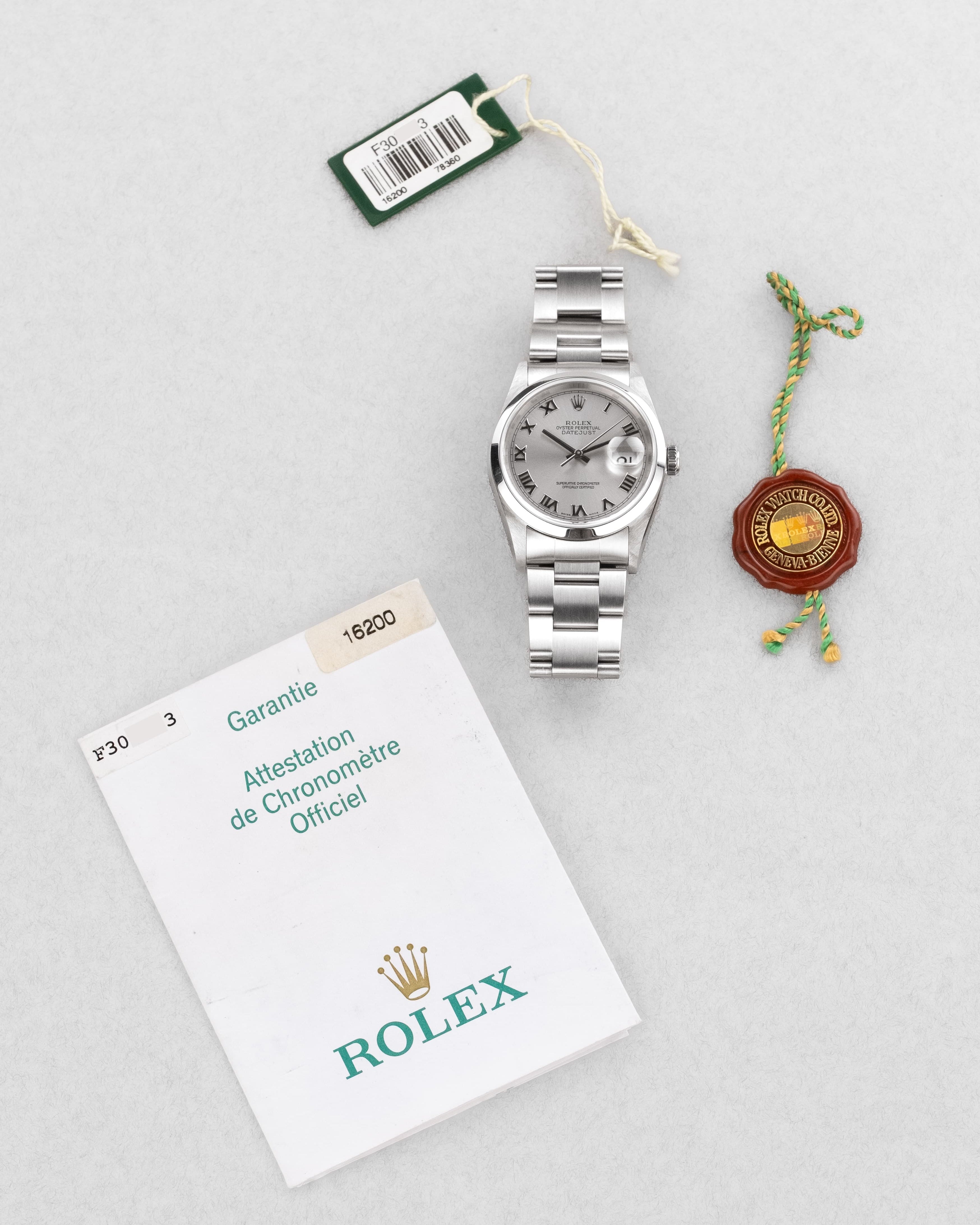 E3KB Rolex Datejust réf. 16200 de 2002 – Cadran « Silver Roman No Lume » + Garantie d'origine - Set