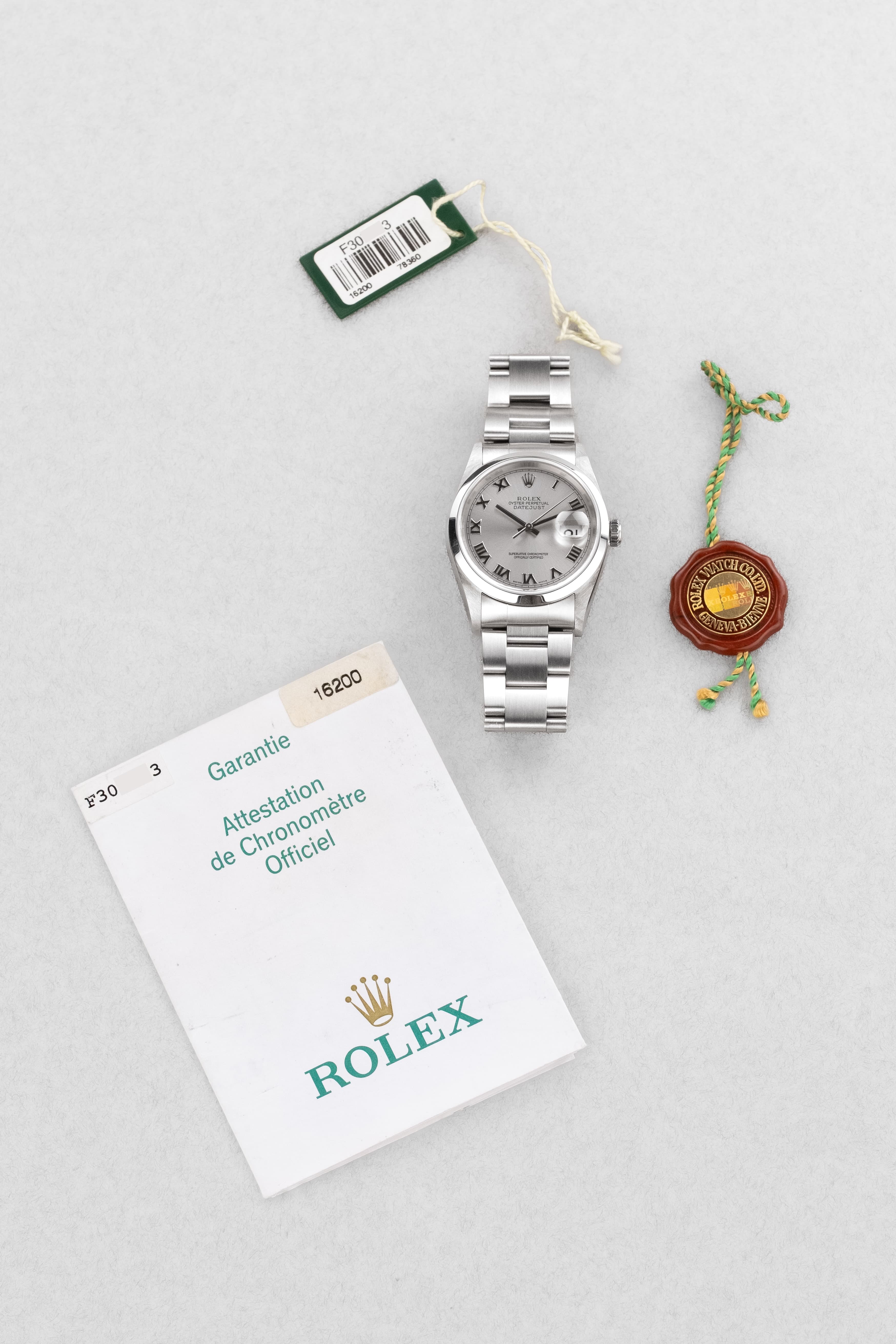 E3KB Rolex Datejust réf. 16200 de 2002 – Cadran « Silver Roman No Lume » + Garantie d'origine - Set