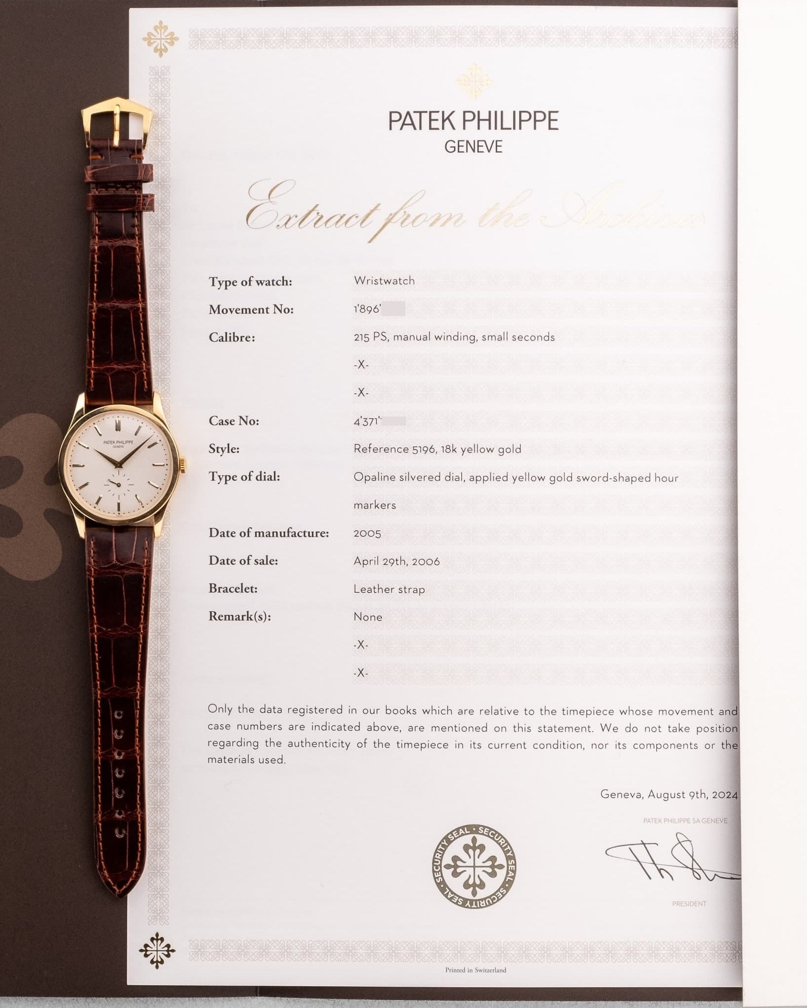 EBRH Élégante Patek Philippe Calatrava en or jaune, réf. 5196J de 2005-2006 – Parfait état - Papers