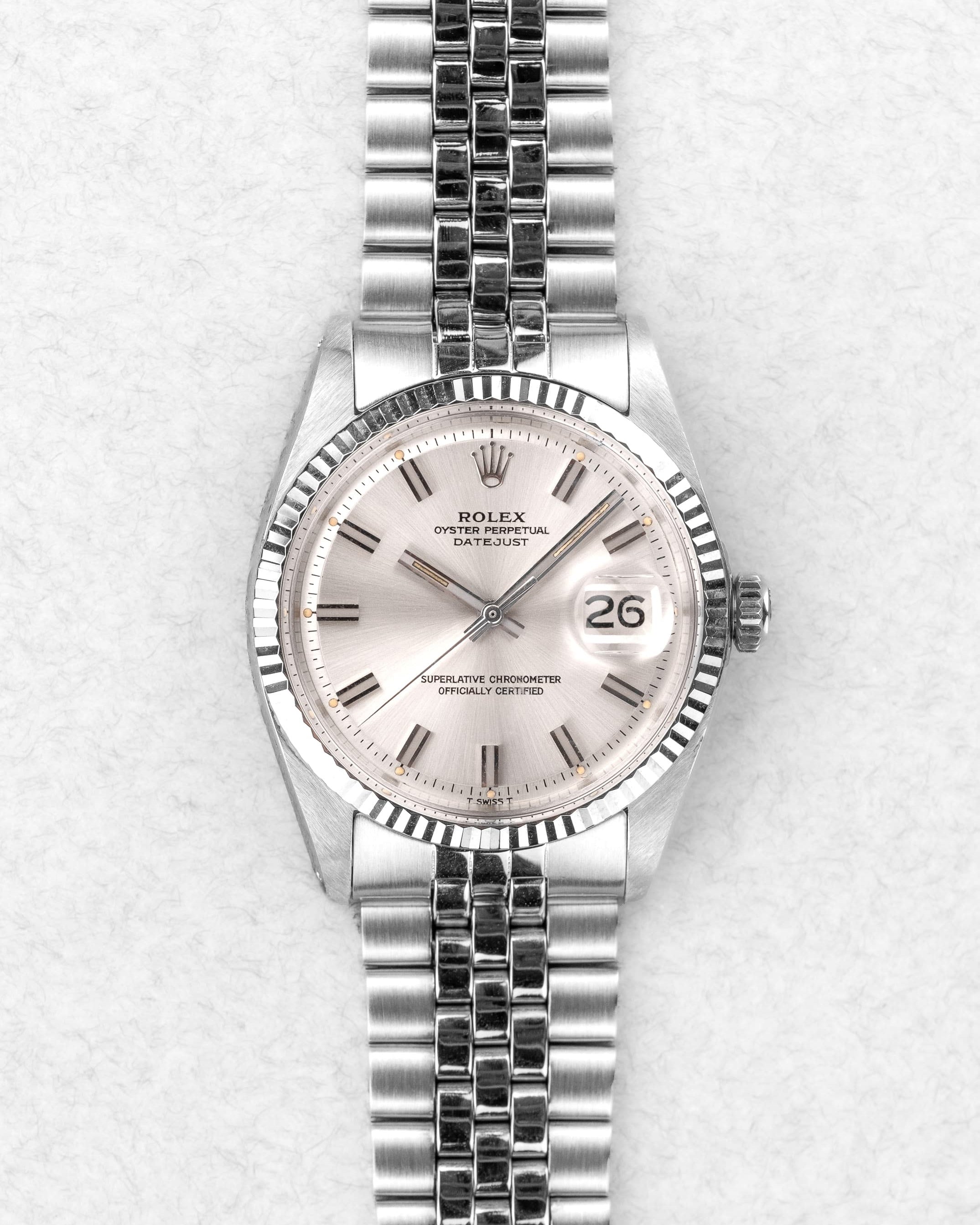 FJGH Rolex Datejust réf. 1601 en acier de 1970 – Cadran « Silver Wide Boy » - Front