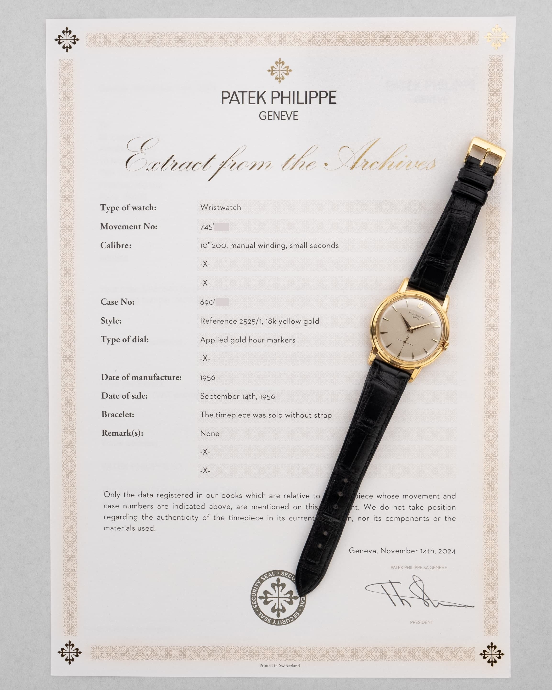 GLPG Rare et superbe Patek Philippe Calatrava réf. 2525-1 en or jaune, vendue par Guillermin à Paris – Remarquablement préservée - Papers