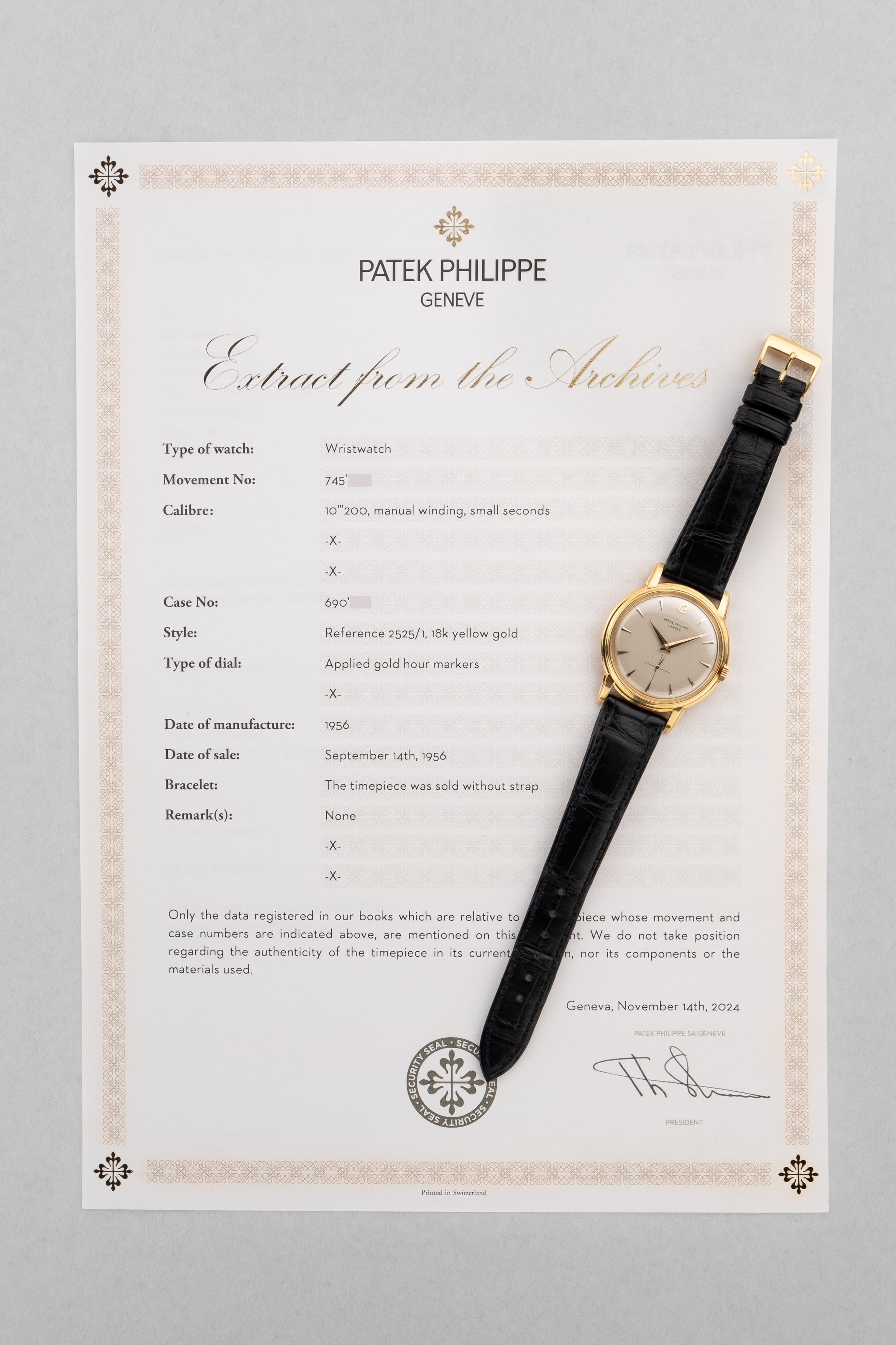 GLPG 罕有出色的 Patek Philippe Calatrava 型號 2525-1 黃金腕錶,由巴黎 Guillermin 售出——保存非凡 - 文件