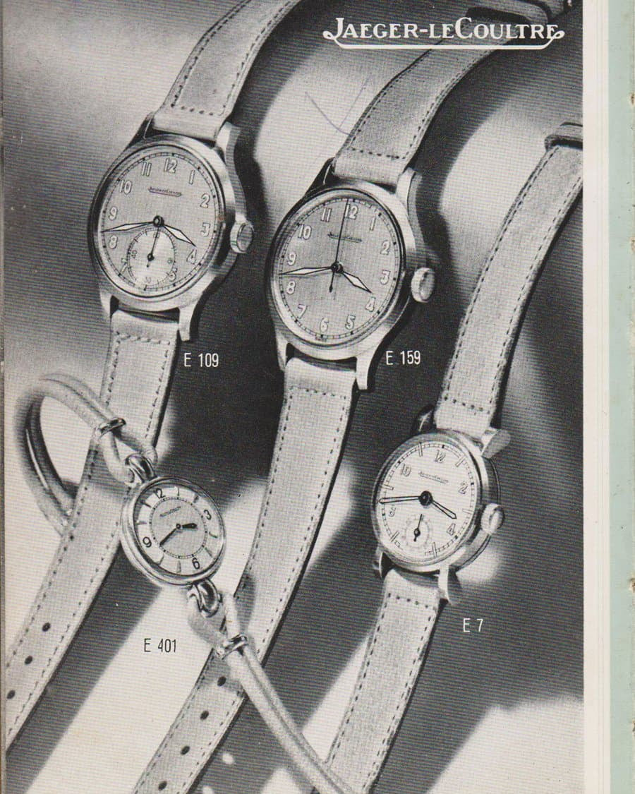 K5ST Jaeger-LeCoultre ref. E159 di stile militare in acciaio, circa 1946 - Pubblicità d'epoca