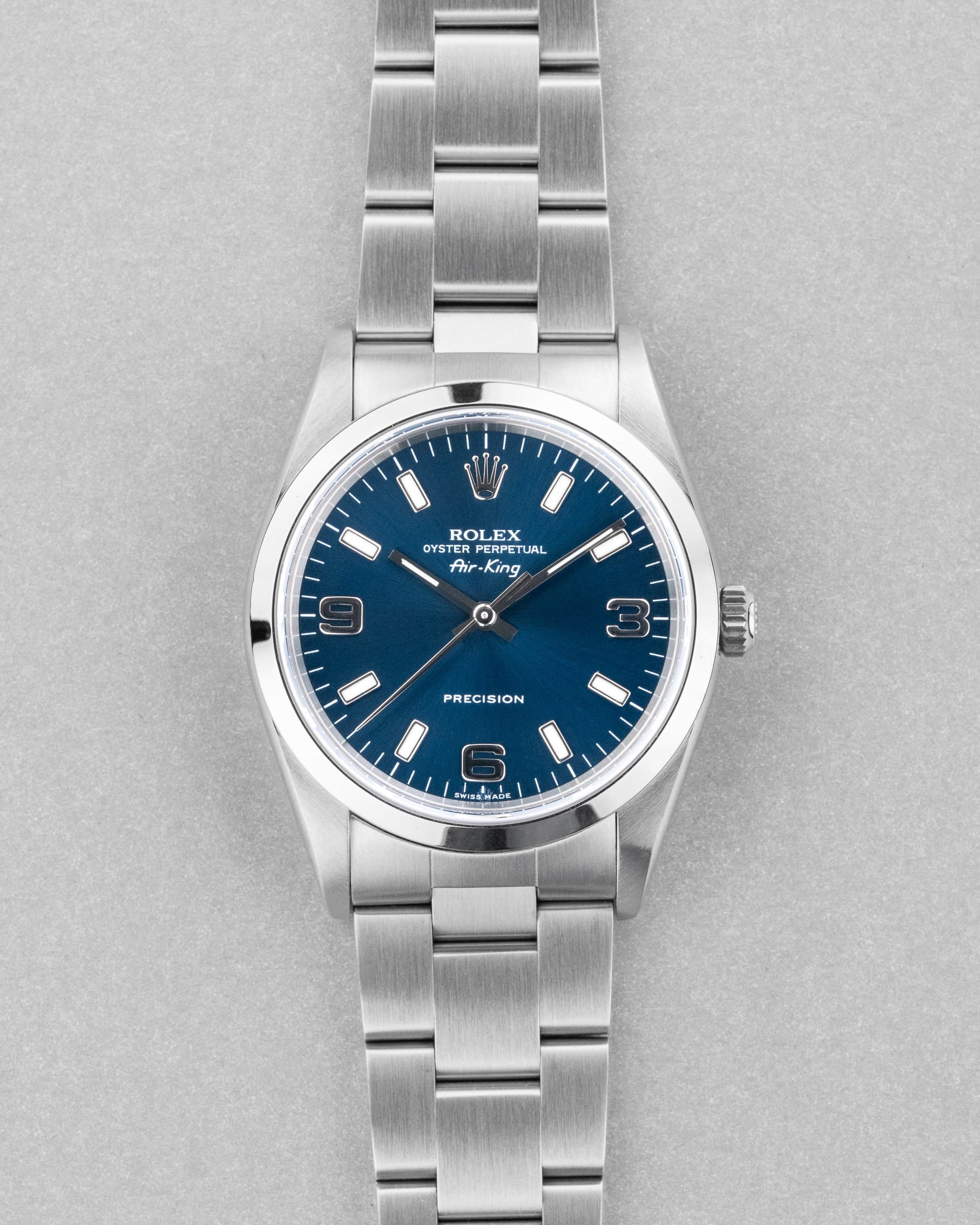LYH7 Rolex Air-King ref. 14000M del 2006 – Quadrante blu « Explorer 3-6-9 » e Garanzia Rolex - Fronte