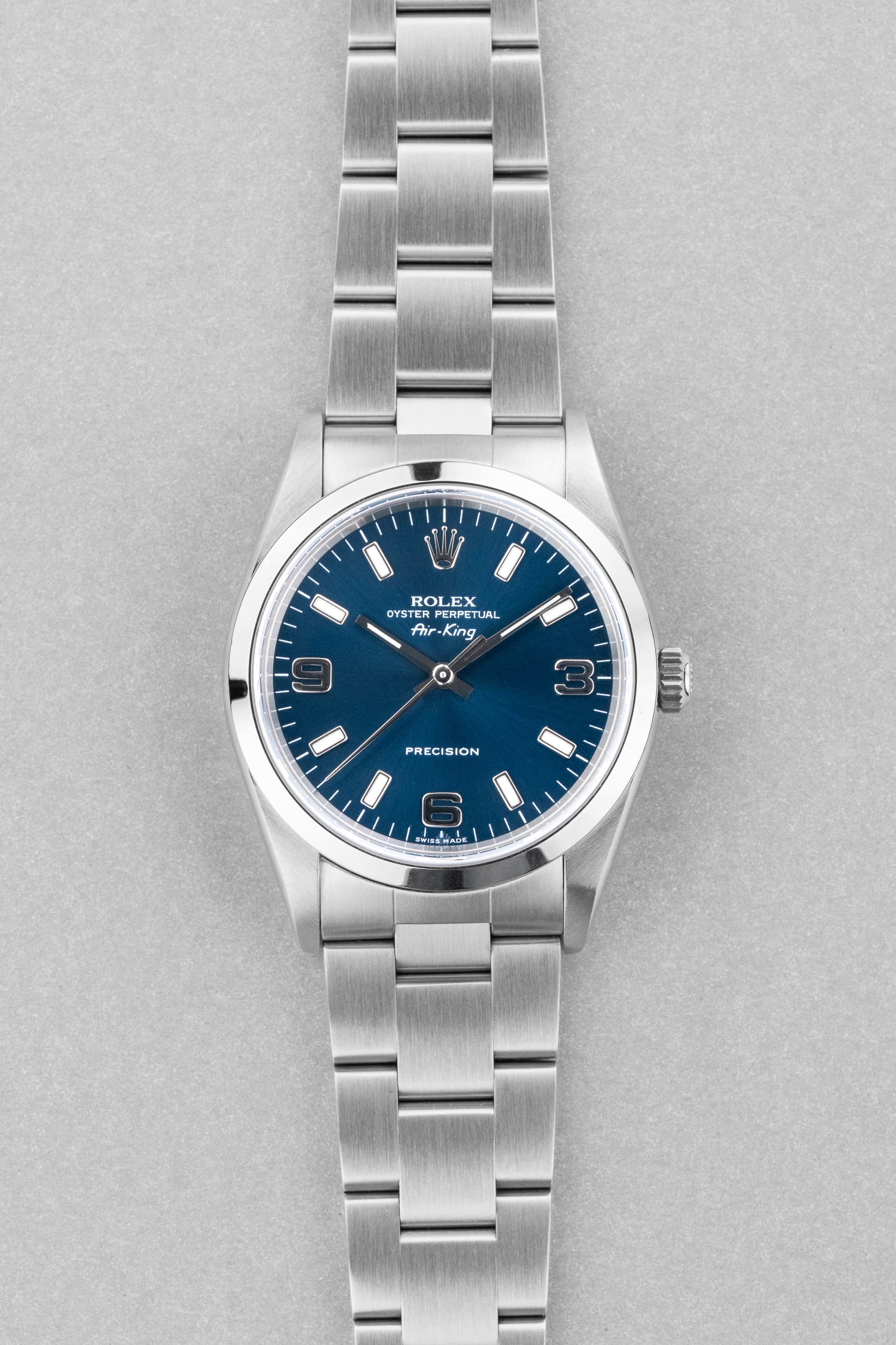 LYH7 Rolex Air-King ref. 14000M del 2006 – Quadrante blu « Explorer 3-6-9 » e Garanzia Rolex - Fronte