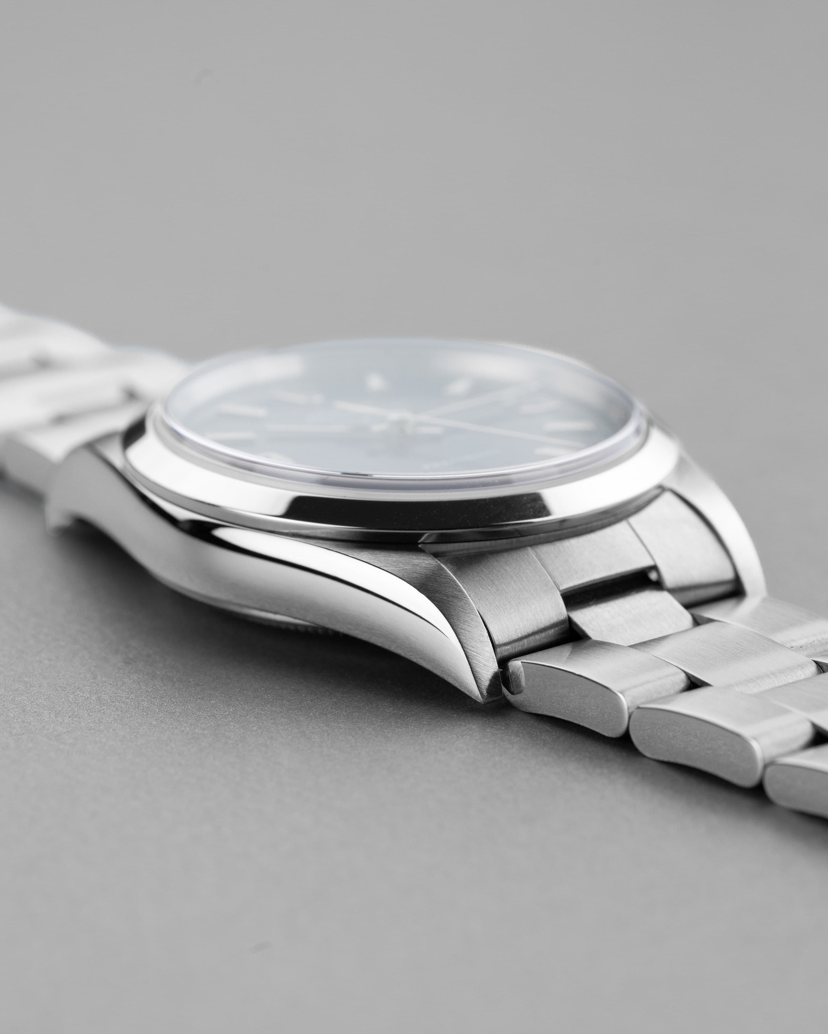 LYH7 Rolex Air-King ref. 14000M del 2006 – Quadrante blu « Explorer 3-6-9 » e Garanzia Rolex - Lato sinistro