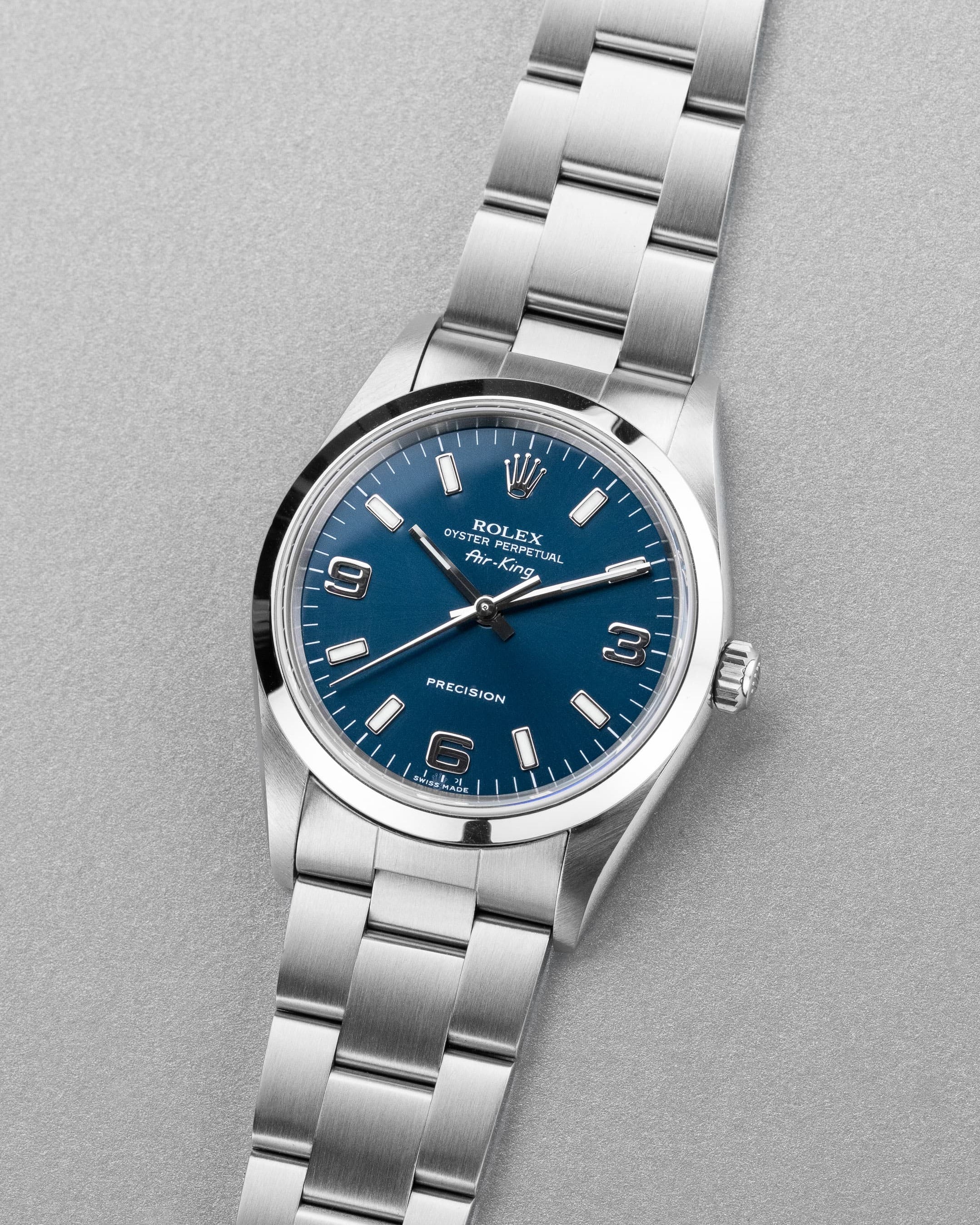 LYH7 Rolex Air-King ref. 14000M del 2006 – Quadrante blu « Explorer 3-6-9 » e Garanzia Rolex - Tre quarti