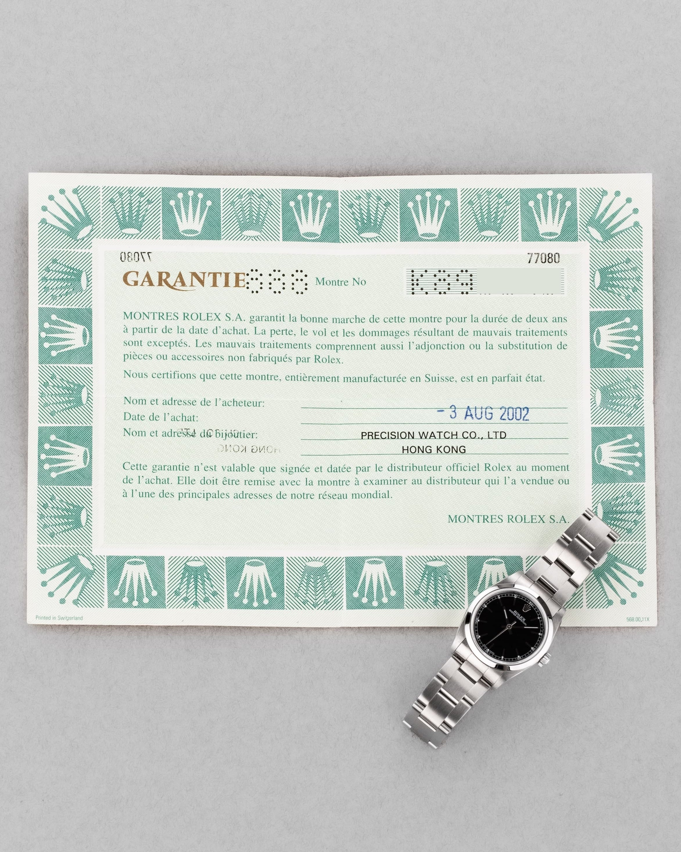 MY8S Rolex Oyster Perpetual 31 réf. 77080 de 2002 – Cadran noir à index bâtons + Full Set - Papers