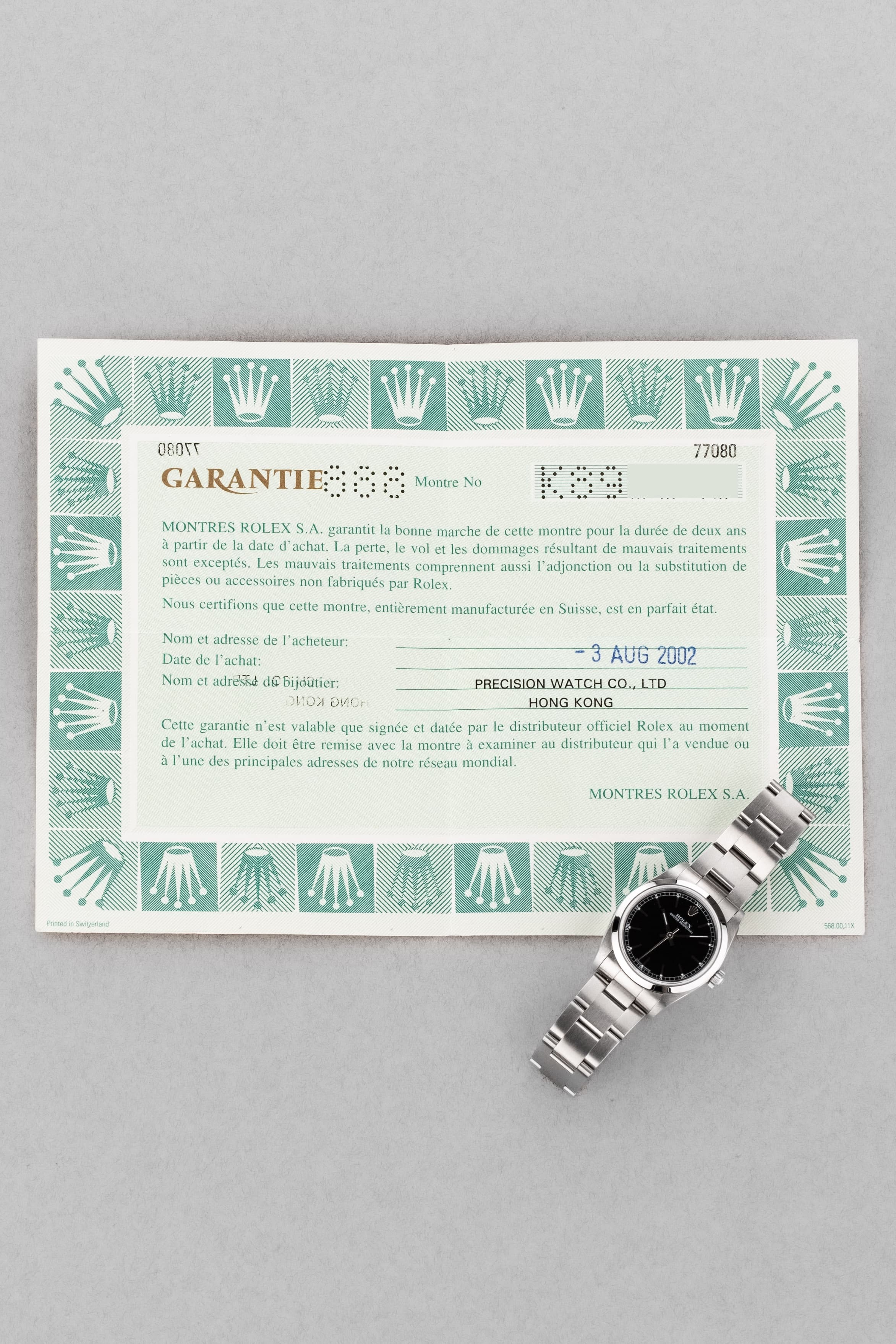 MY8S Rolex Oyster Perpetual 31 réf. 77080 de 2002 – Cadran noir à index bâtons + Full Set - Papers