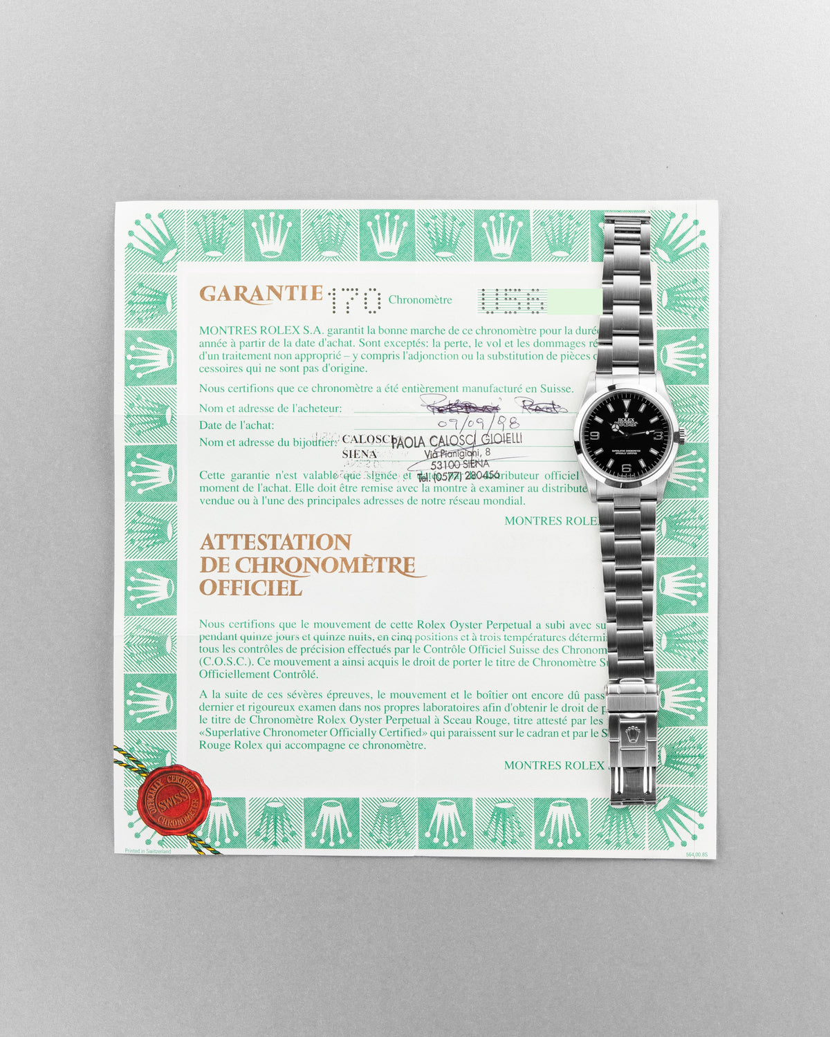 P7FC Rolex Explorer réf. 14270 de 1997-1998 – Full Set + N.O.S. + Sticker Rolex d’origine - Papers