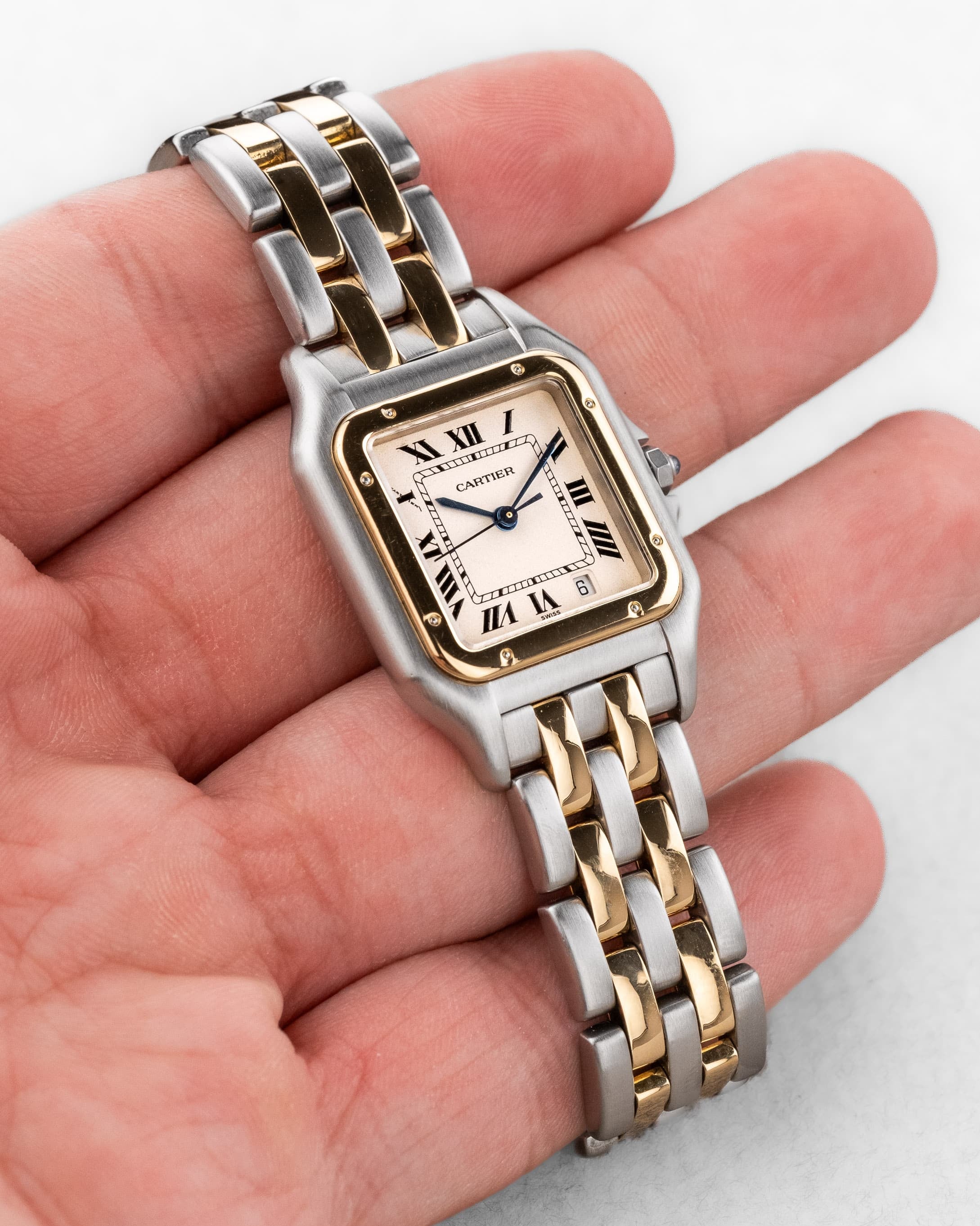 P8EY Cartier Panthère « Medium 2 rangs », réf. 110000R, en or jaune et acier, circa 1995 - Overview