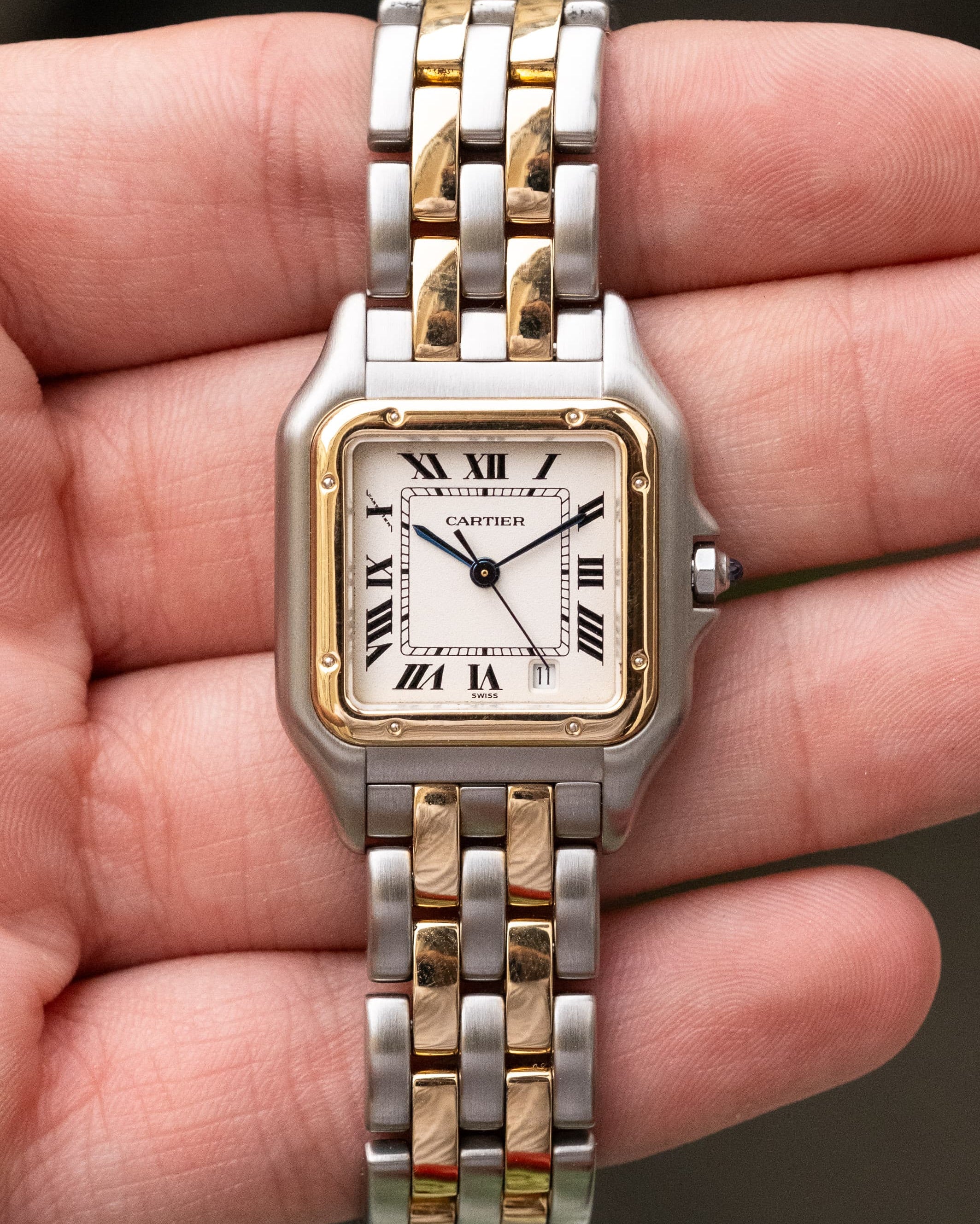 P8EY Cartier Panthère « Medium 2 rangs », réf. 110000R, en or jaune et acier, circa 1995 - Wristshot