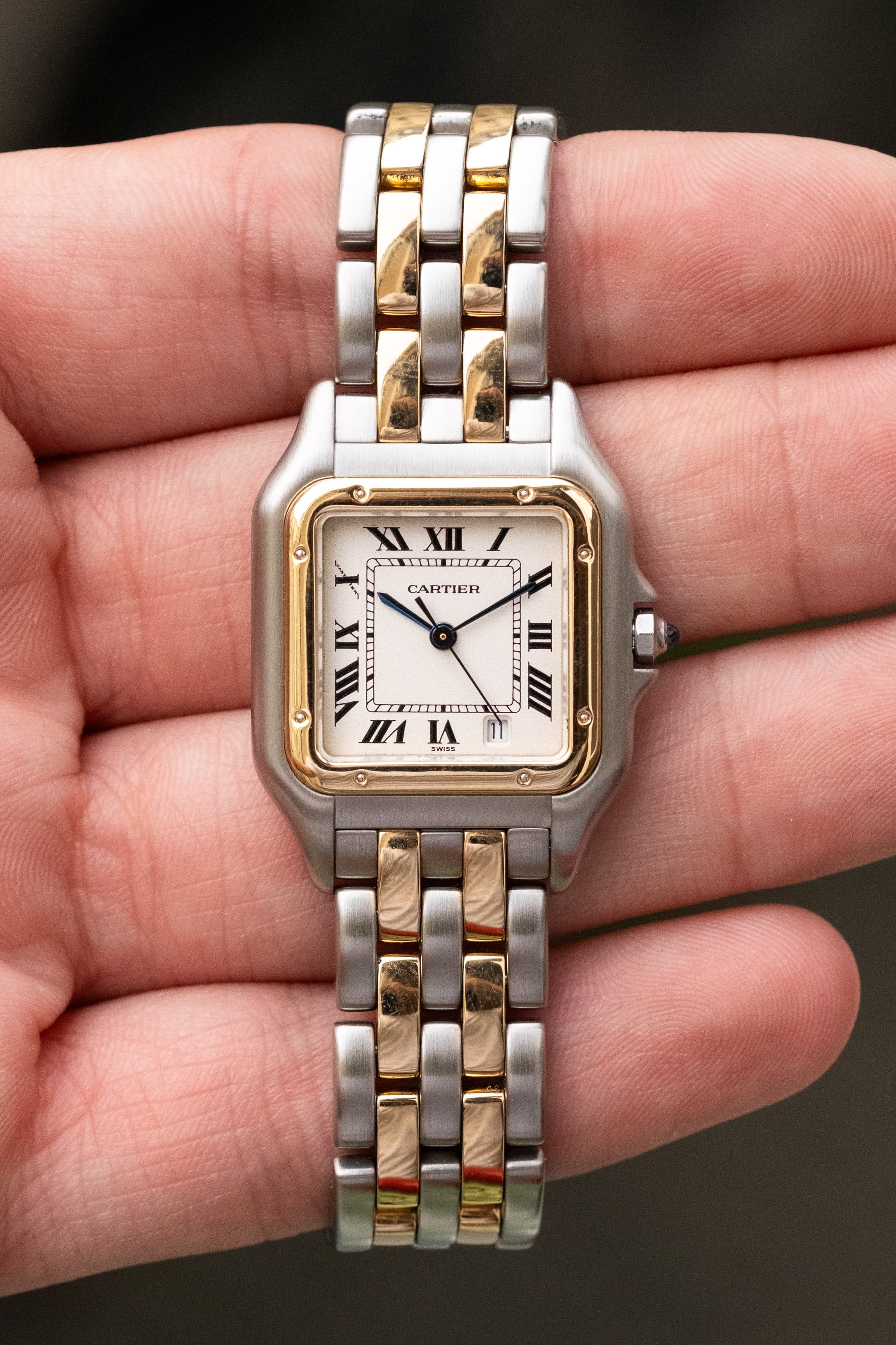 P8EY Cartier Panthère « Medium 2 rangs », réf. 110000R, en or jaune et acier, circa 1995 - Wristshot