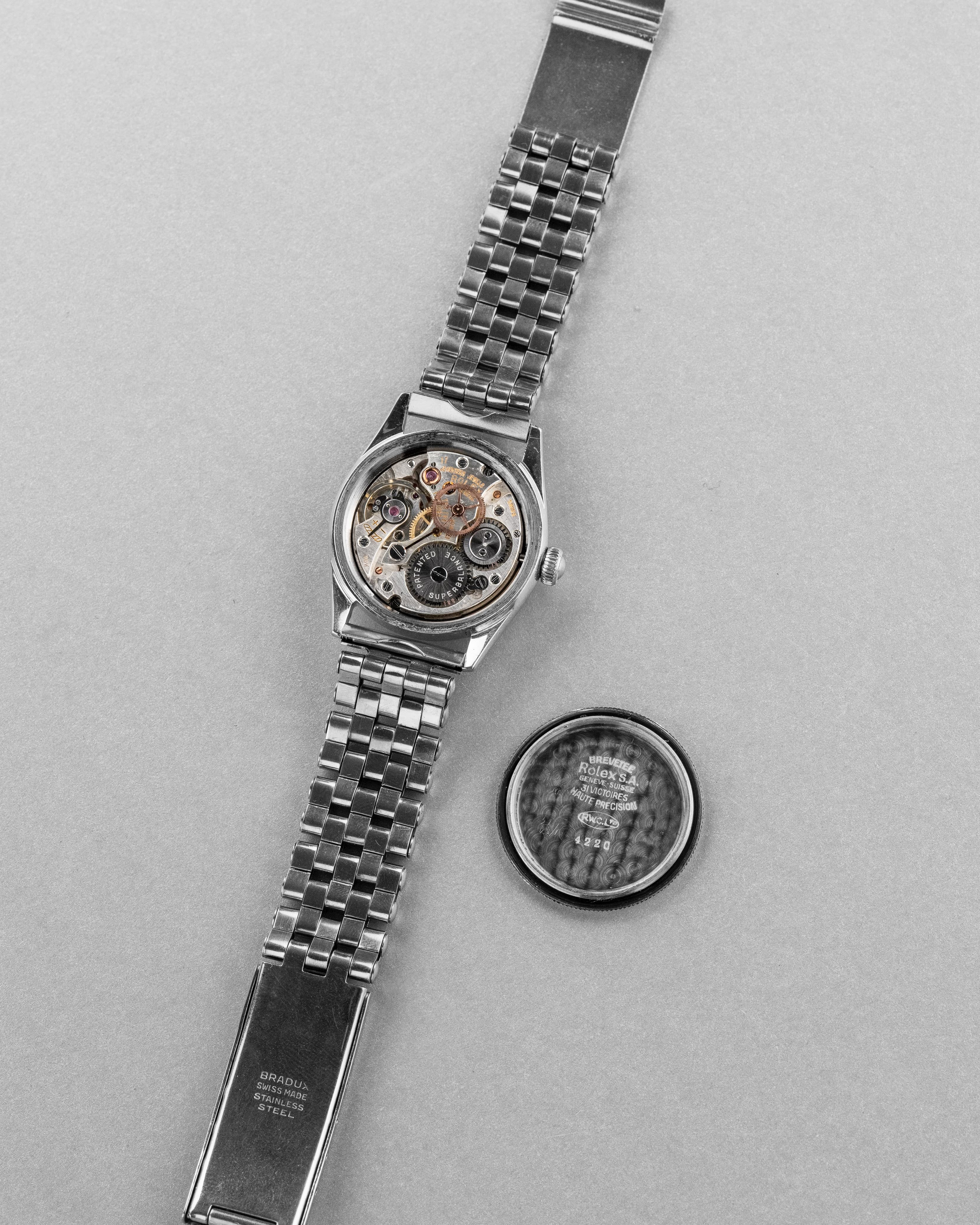 PVZW Superbe et Rare Rolex Speedking réf. 4220 de 1943 – Cadran « Salmon California » au Radium, Flat Back - Overview
