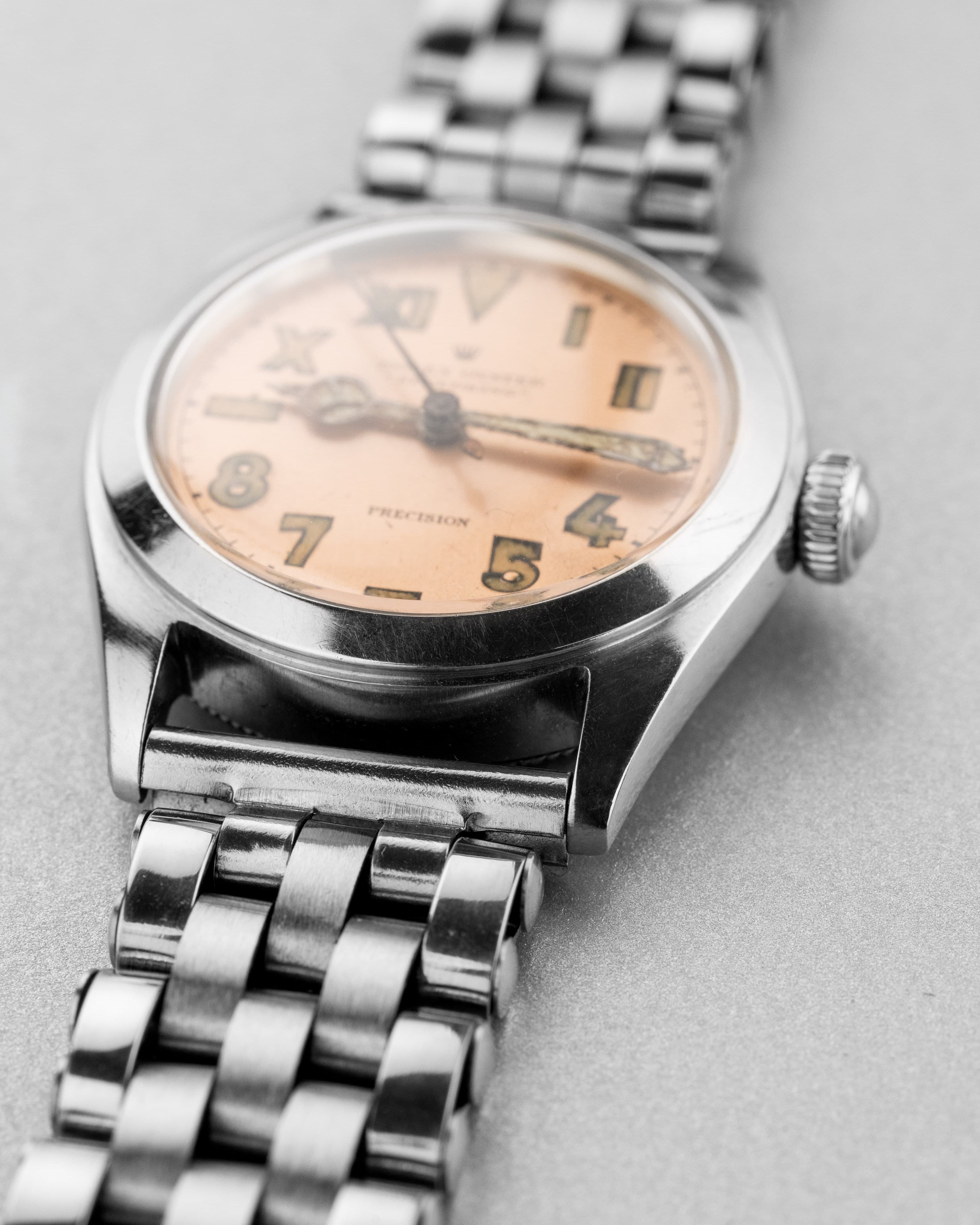 PVZW Superbe et Rare Rolex Speedking réf. 4220 de 1943 – Cadran « Salmon California » au Radium, Flat Back - Right side