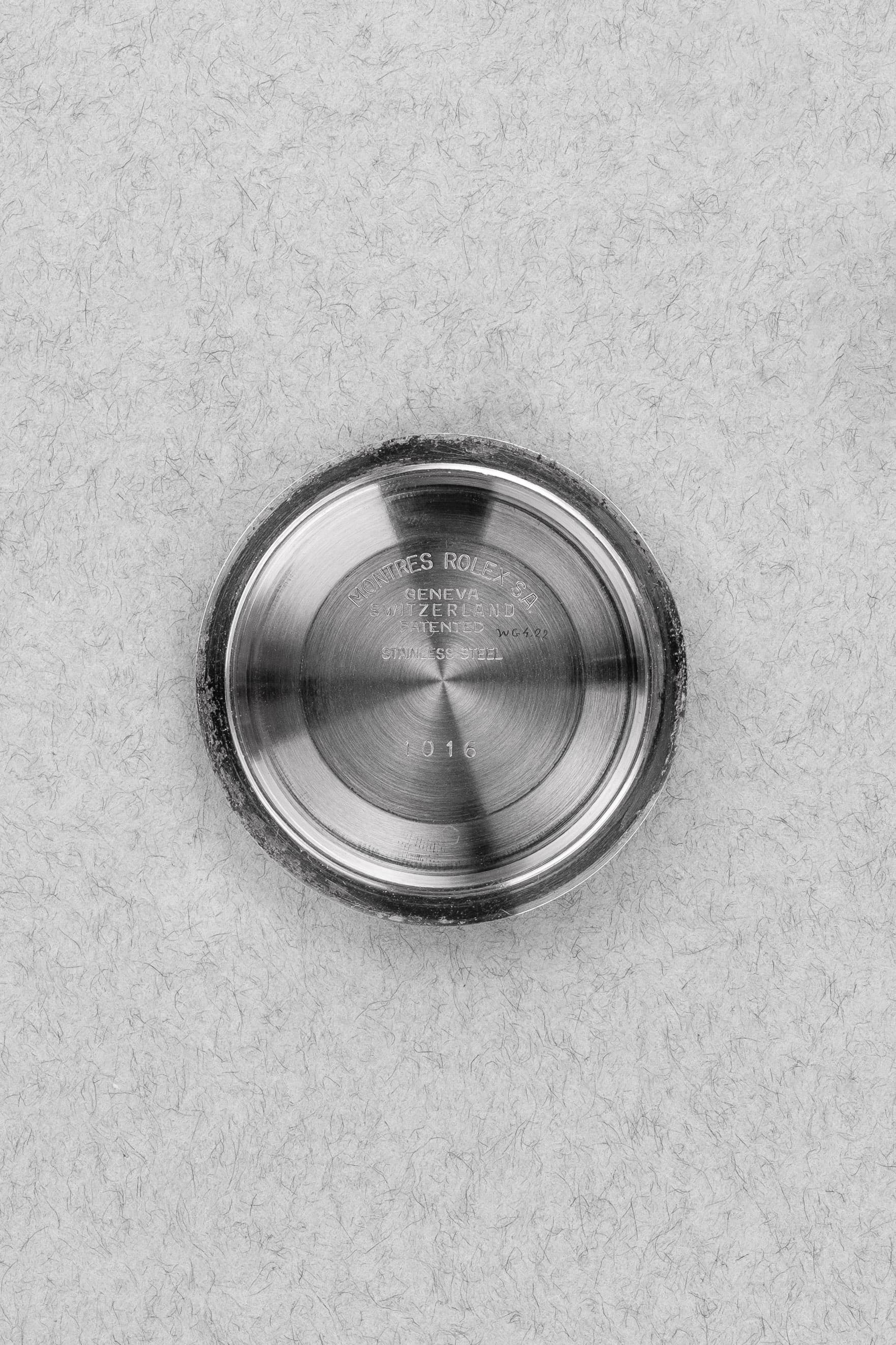 Q8UG Superbe Rolex Explorer 1016 Mark 3 « Pumpkin Patina » - Inside case back