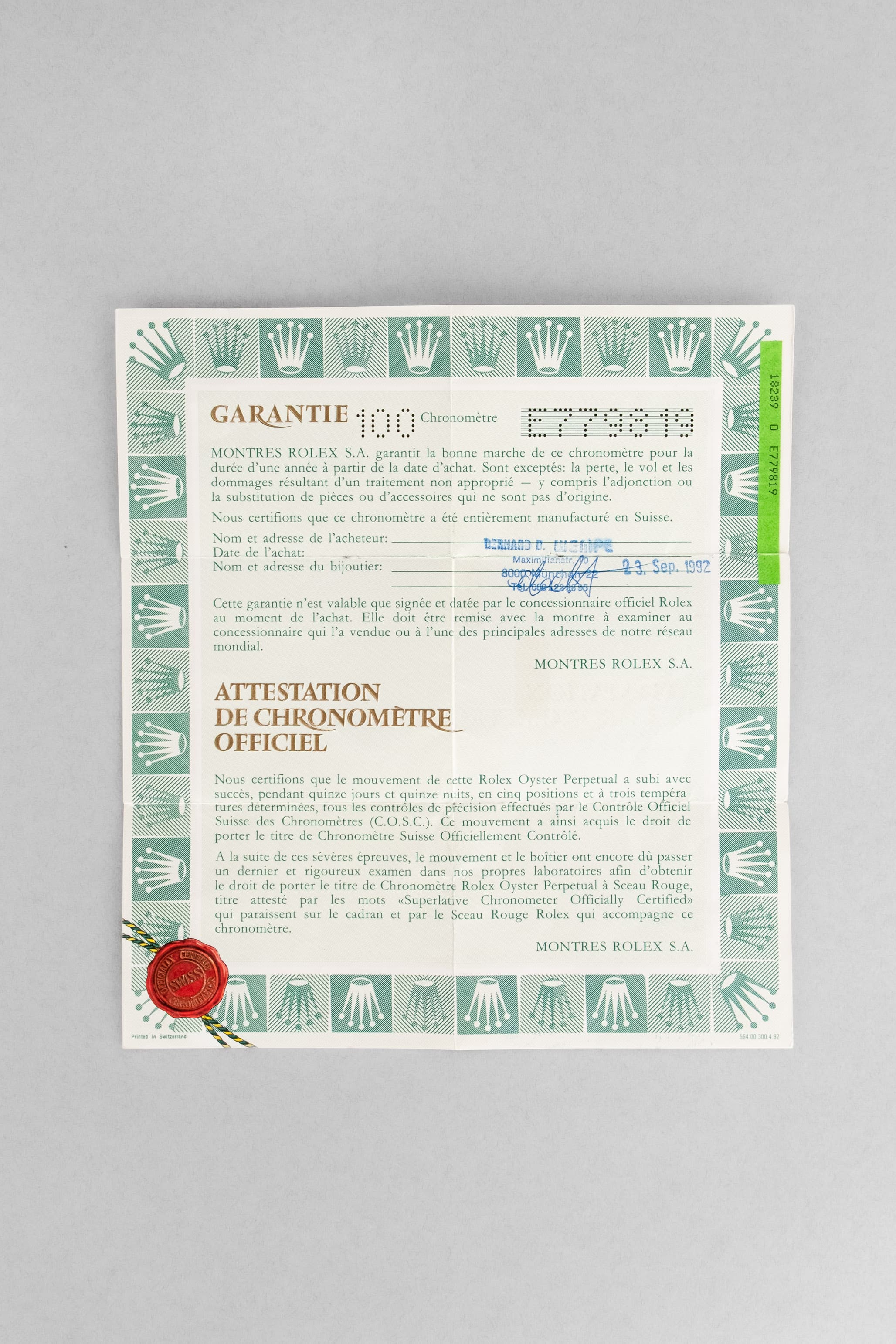 QLZP-EU Rolex Day-Date réf. 18239A en or blanc et diamants de 1992 – Garantie d'origine Wempe - Papers