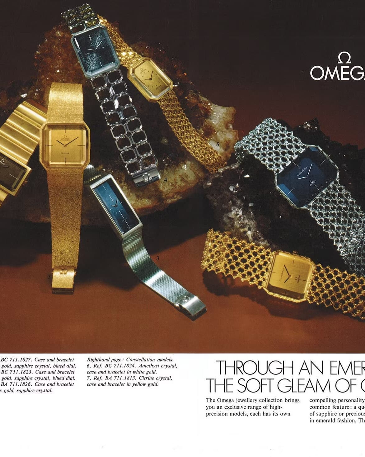 S2PP Omega De Ville « Jeux d'Argent » Emerald par Andrew Grima, réf. 8272 en argent massif, de 1972 - Vintage Ad