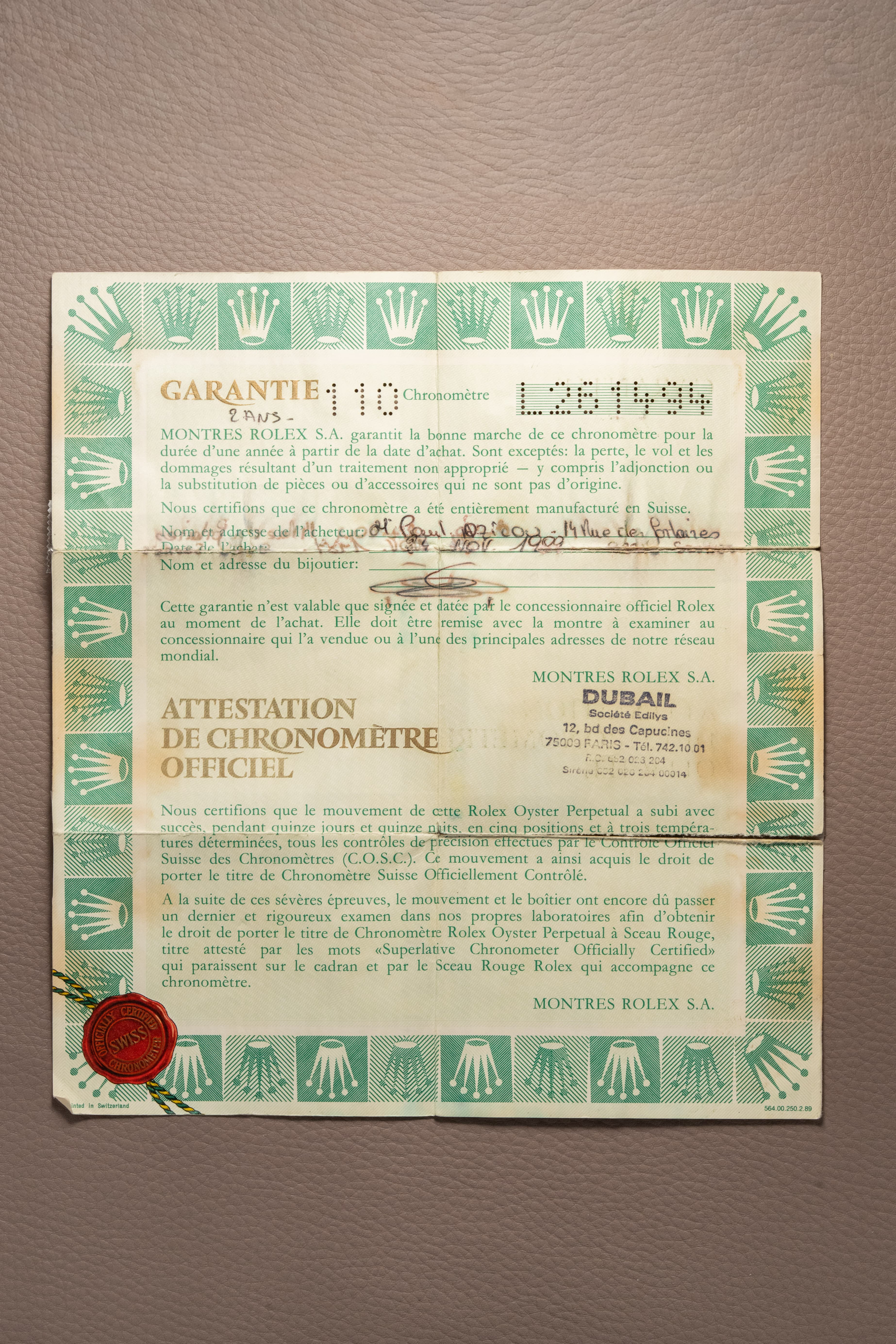 U5YK ساعة Rolex Day-Date رائعة ref. 18238 «ميناء Lavande/بنفسجي» من عام 1989 – Full Set - الأوراق