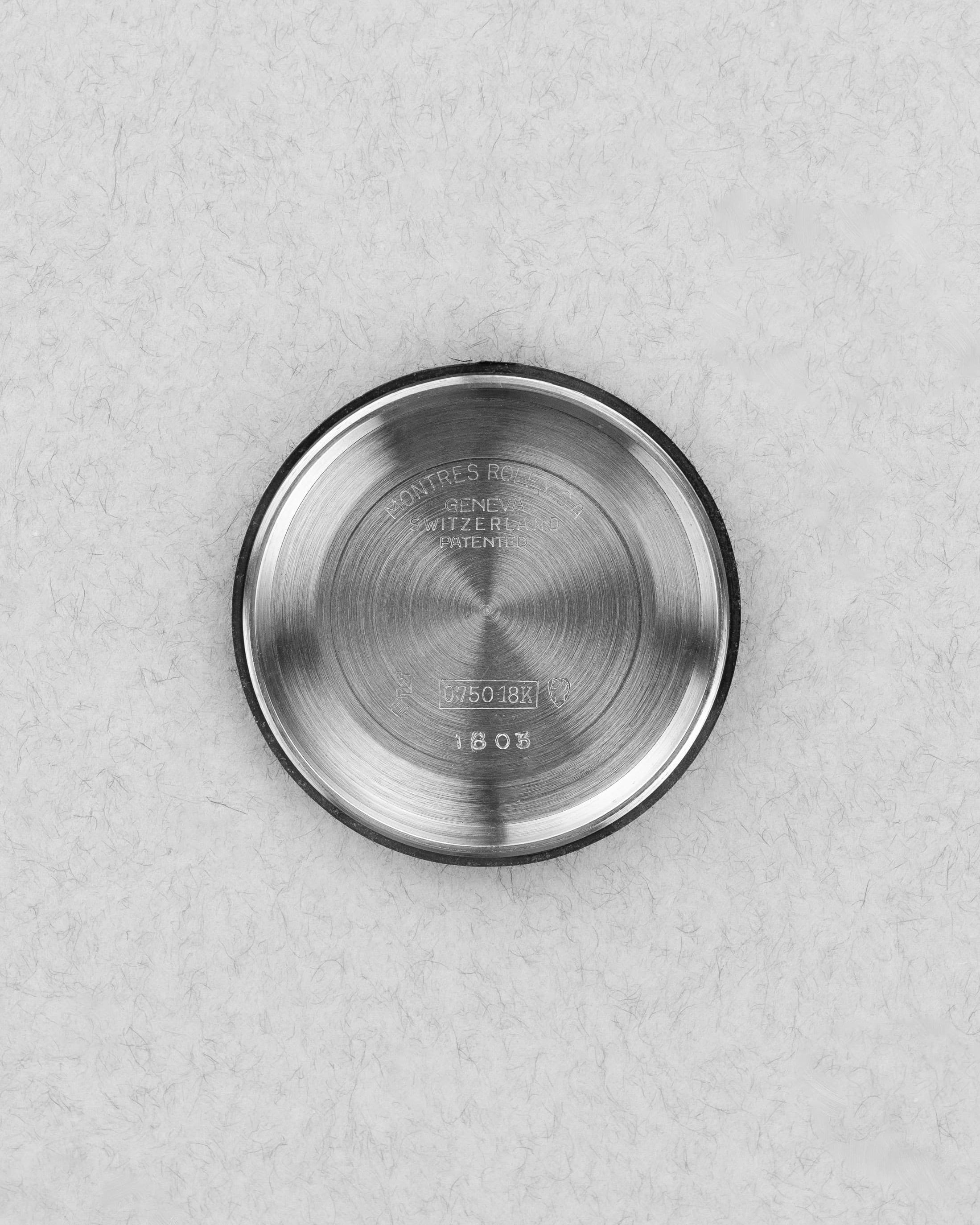 UJ7Q Rolex Day-Date 1803 en or blanc de 1968 – Cadran « Doorstop » - Inside case back