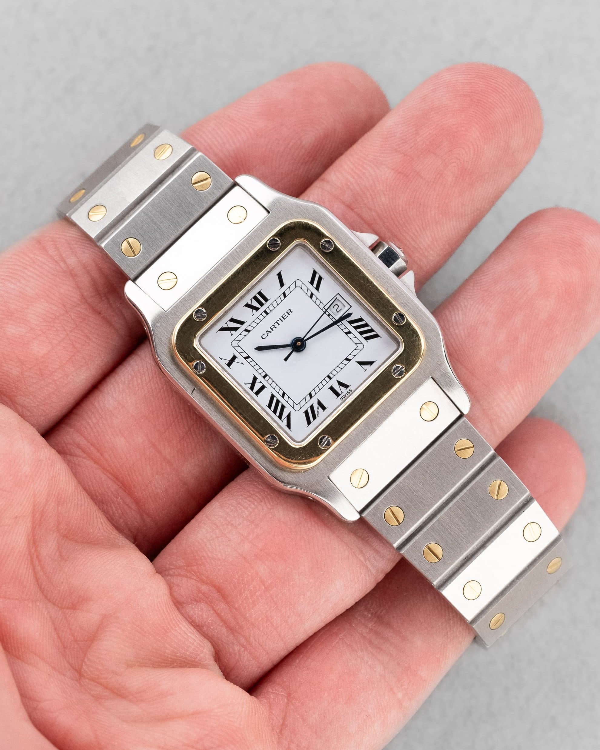 WXKV Cartier Santos Carrée réf. 2961 en acier et or jaune, circa 1985 - Feature