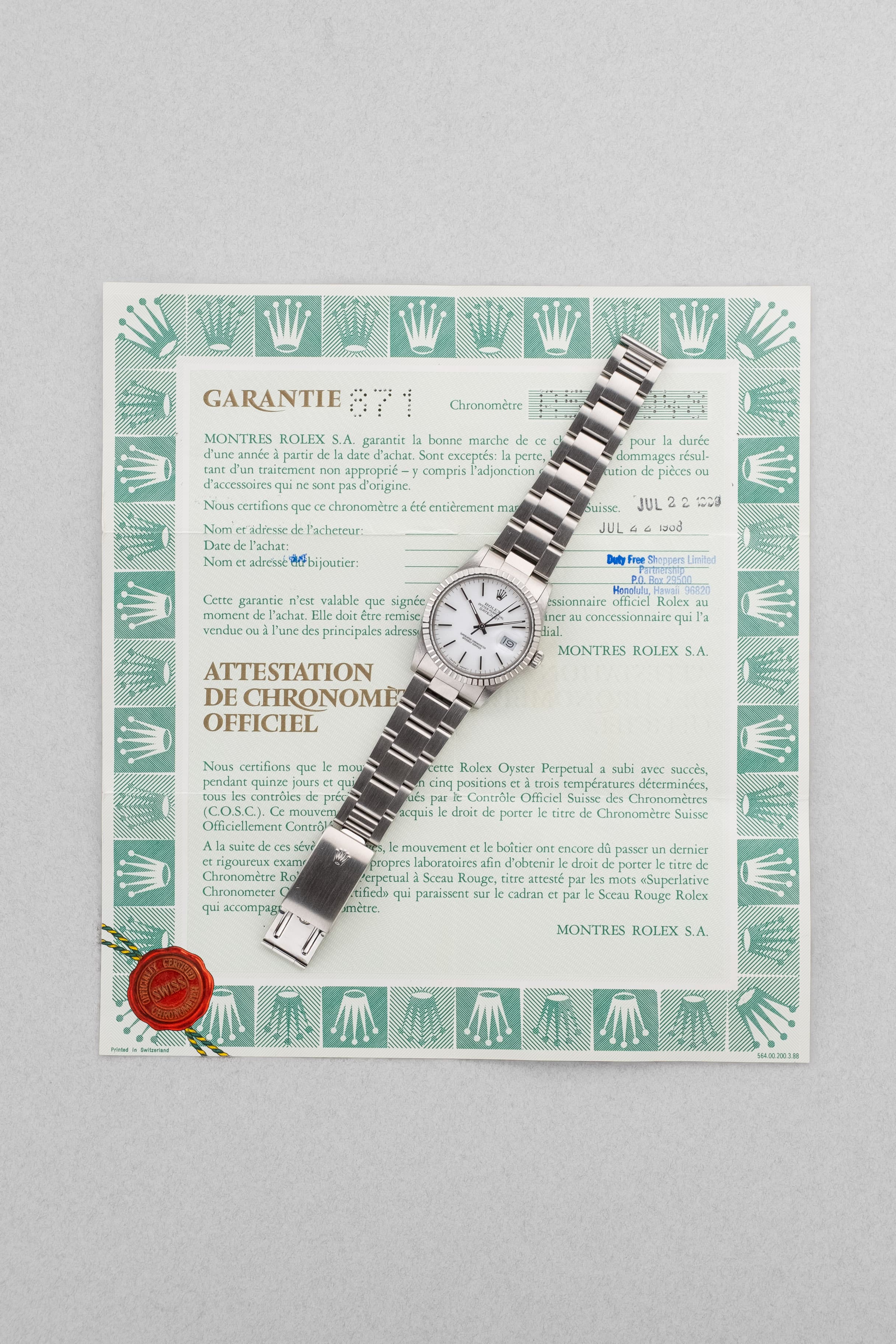 YJMW Rolex Datejust réf. 16030 de 1988 – Cadran « Porcelaine » + Garantie d'origine - Papers