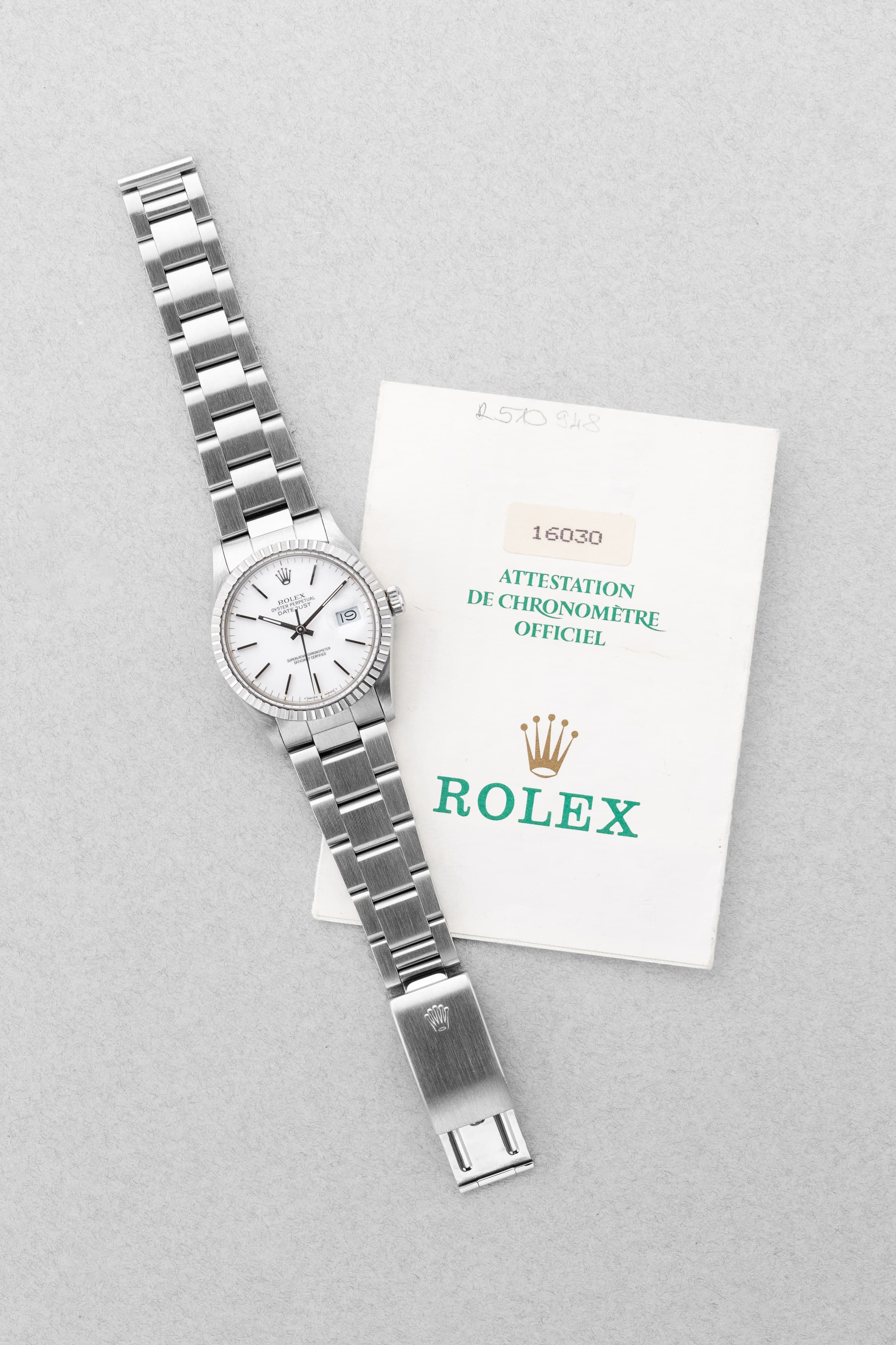 YJMW Rolex Datejust réf. 16030 de 1988 – Cadran « Porcelaine » + Garantie d'origine - Set