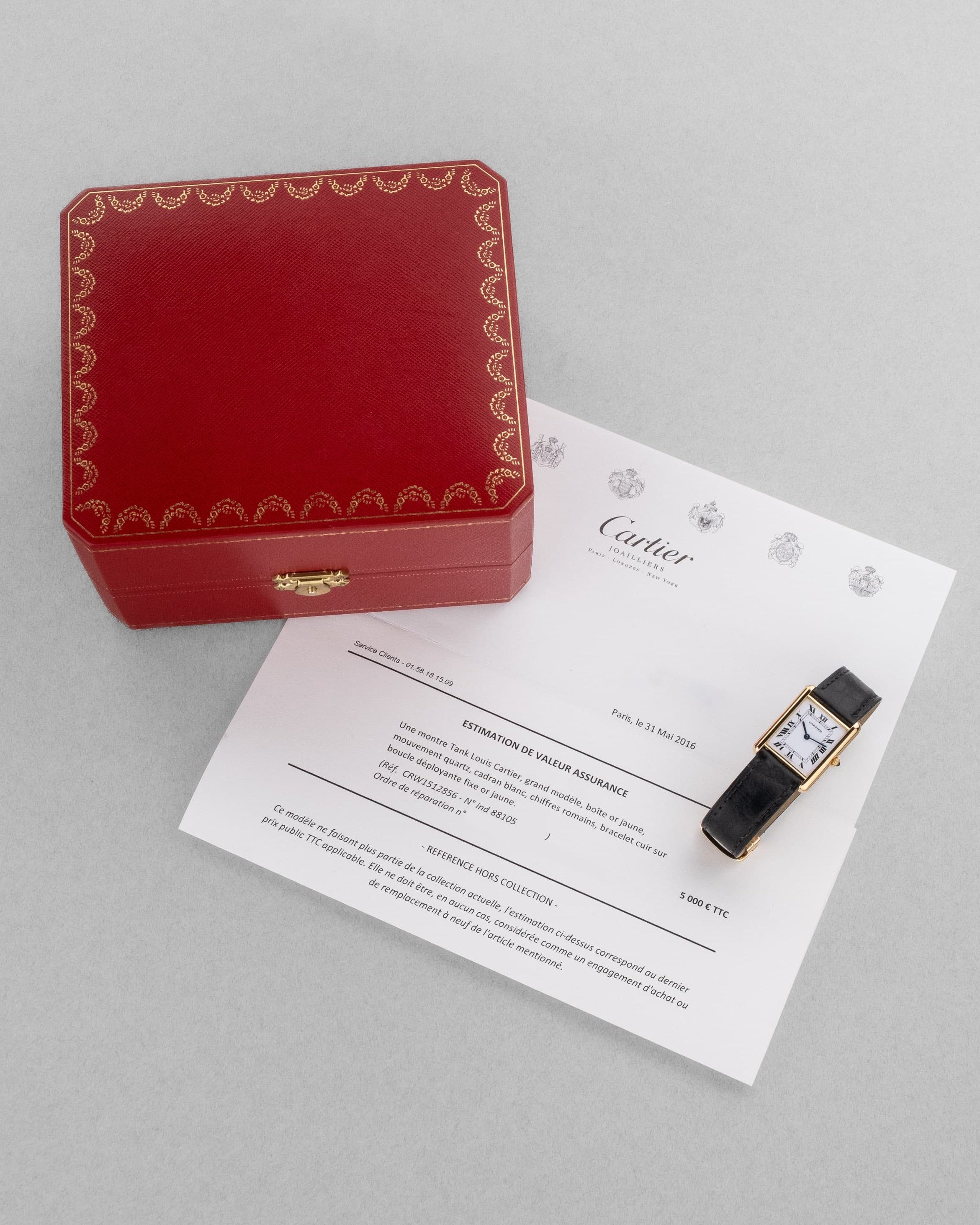 SFL7 Cartier Tank Louis réf. 88105 en or jaune, circa 1985 – Boucle déployante d'origine en or et parfait état - Set