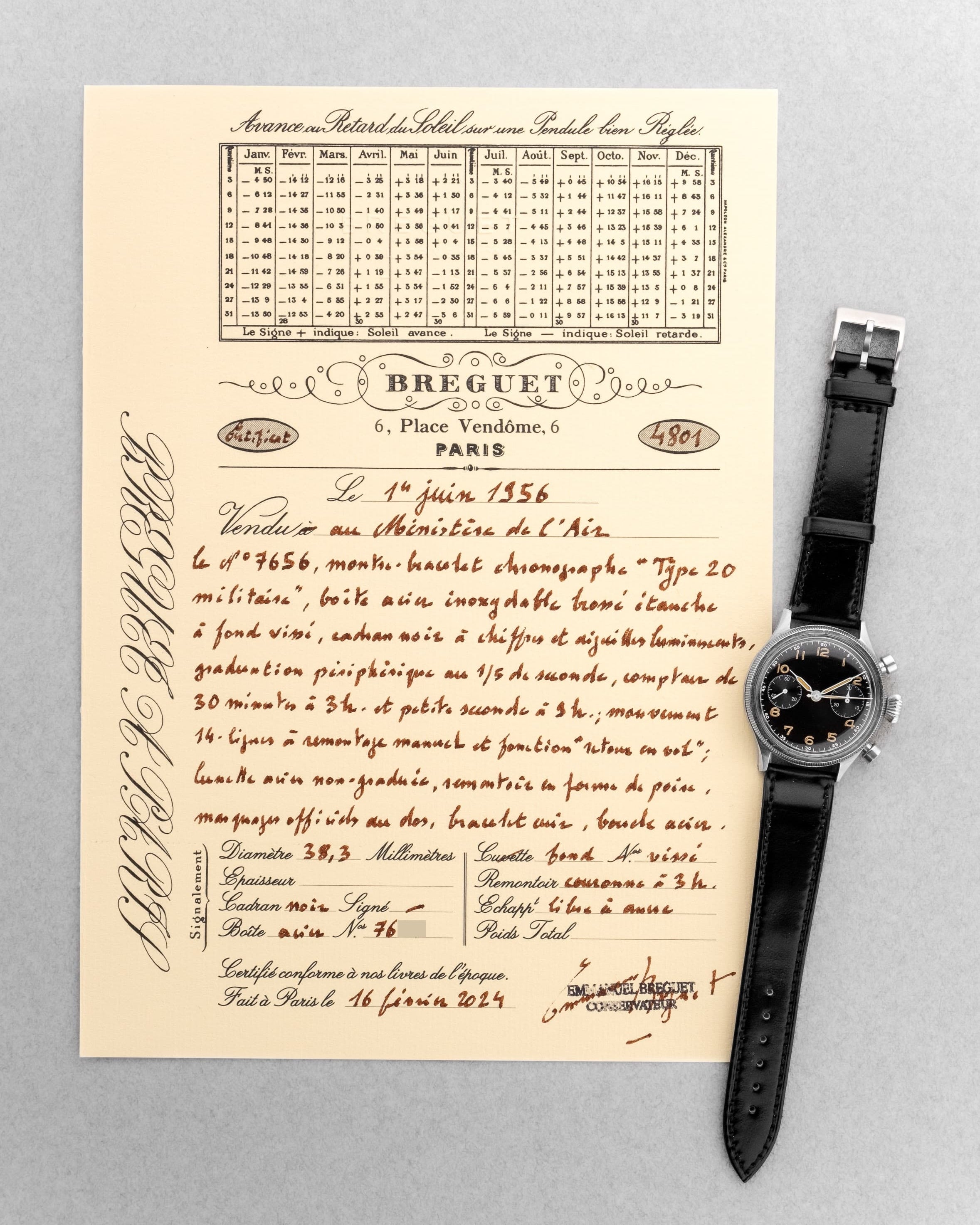 P4P7 Exceptionnel chronographe Breguet Type 20 militaire 5101/54 de 1ère génération, cadran « Glossy Gilt »/Laqué, livré au Ministère de l'Air en 1956 - Papers