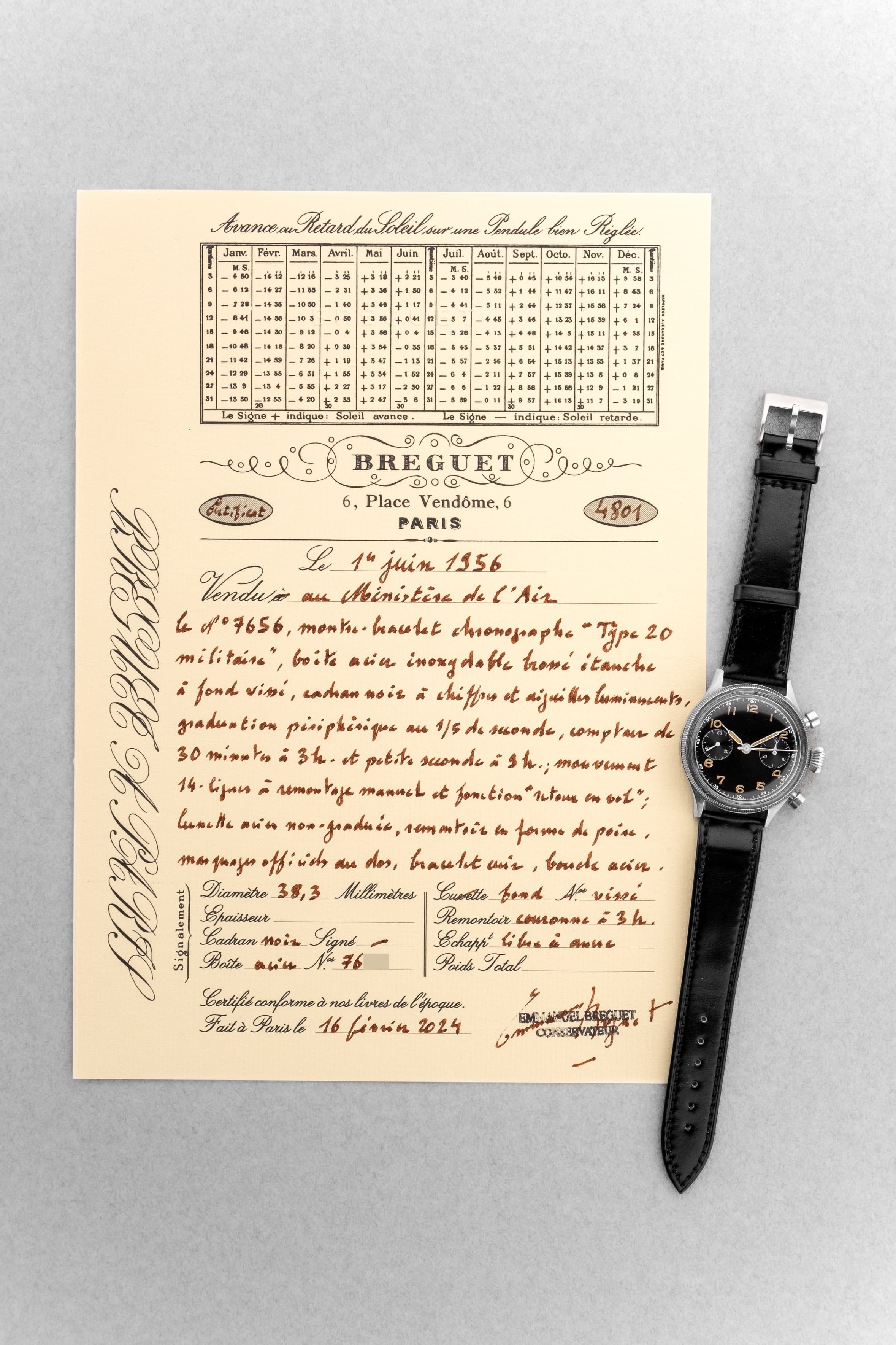 P4P7 卓越した Breguet Type 20 軍用クロノグラフ 5101/54 第1世代、ダイヤル「Glossy Gilt」/ラッカー、1956年に空軍省に納入 - 付属書類