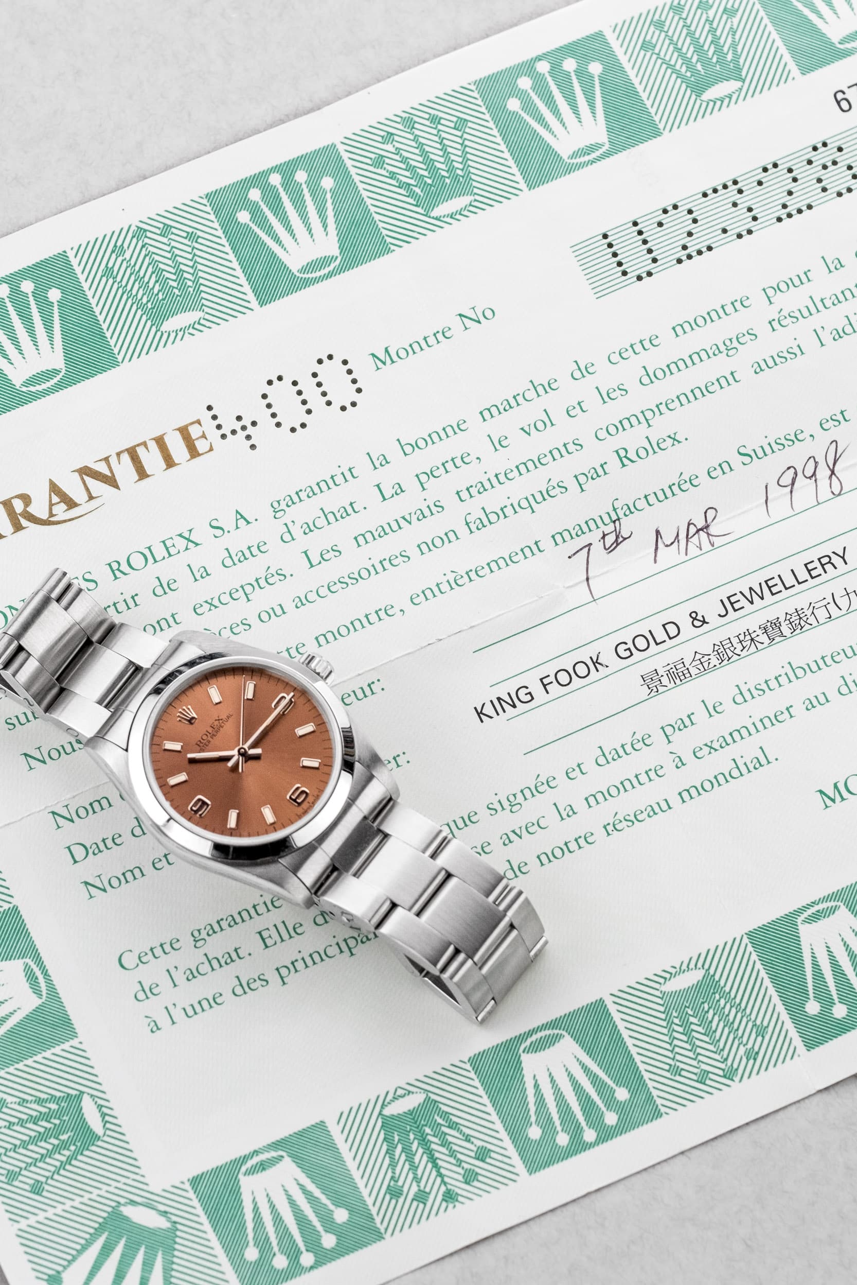 VN4D Rolex Oyster Perpetual 31 réf. 67480 de 1997-1998 – Cadran rose/saumon « Explorer 3-6-9 » - Papers