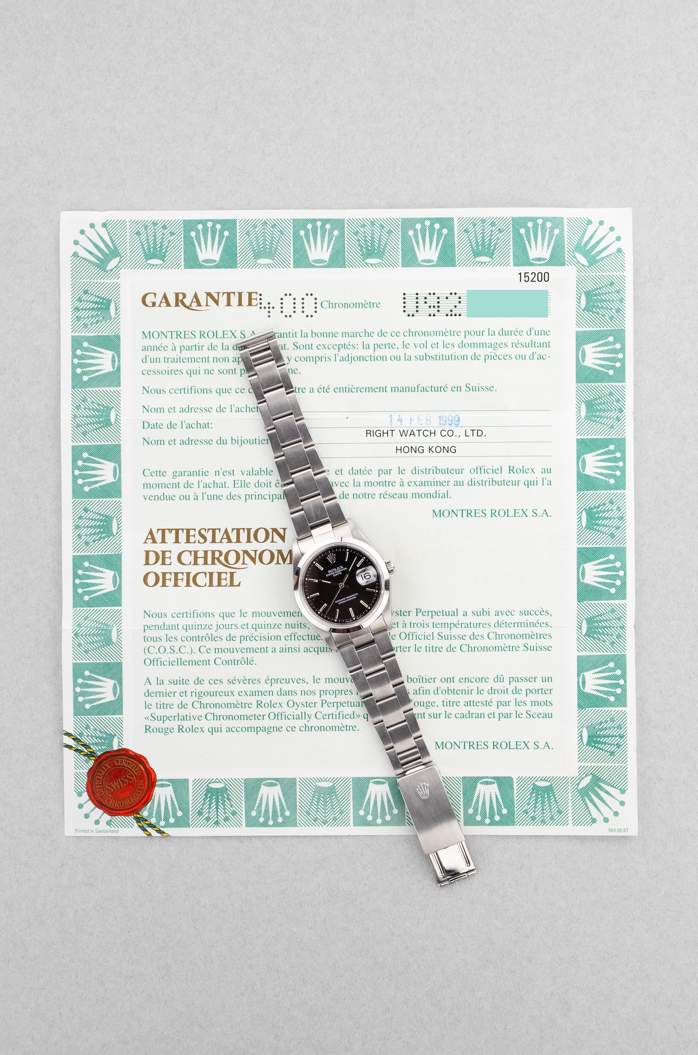 DT2Y Rolex Oyster Perpetual Date 15200 de 1999 – Cadran noir au tritium patiné - Papers