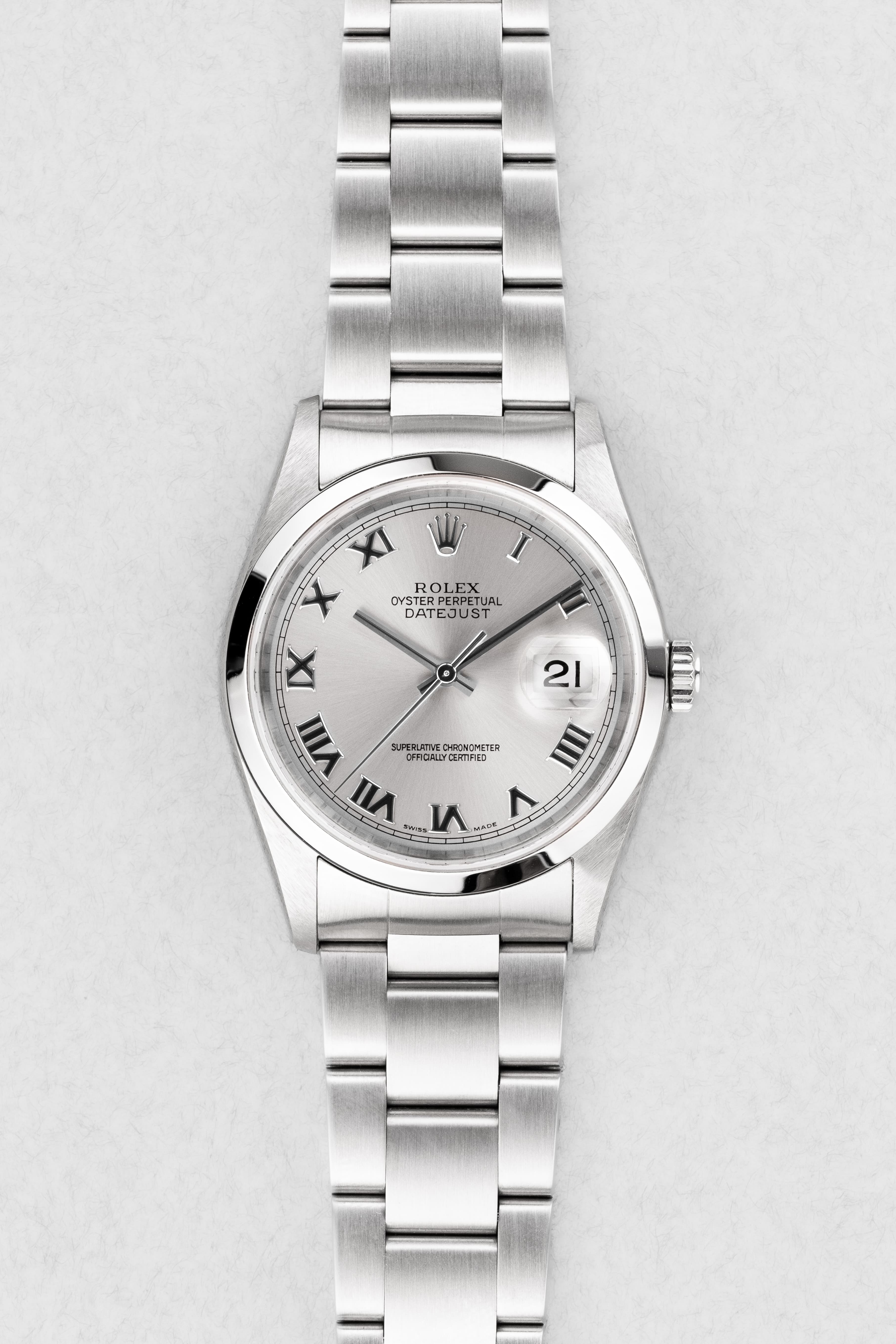 E3KB Rolex Datejust réf. 16200 de 2002 – Cadran « Silver Roman No Lume » + Garantie d'origine - Front
