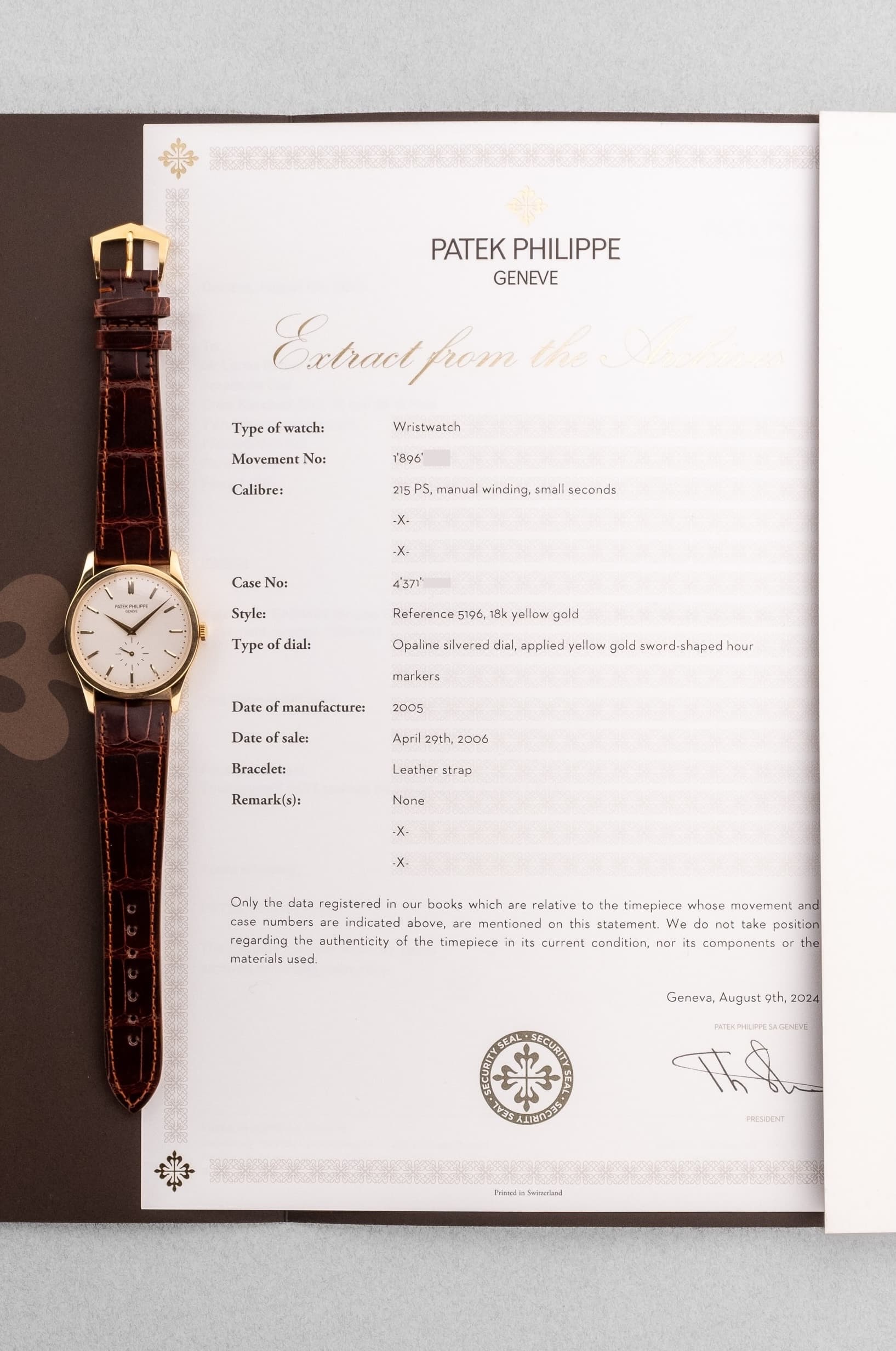 EBRH Élégante Patek Philippe Calatrava en or jaune, réf. 5196J de 2005-2006 – Parfait état - Papers