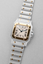 ESPH Cartier Santos Galbée「GM」型號 1566 不鏽鋼與黃金腕錶，1999 年——Full Set - 四分之三視角
