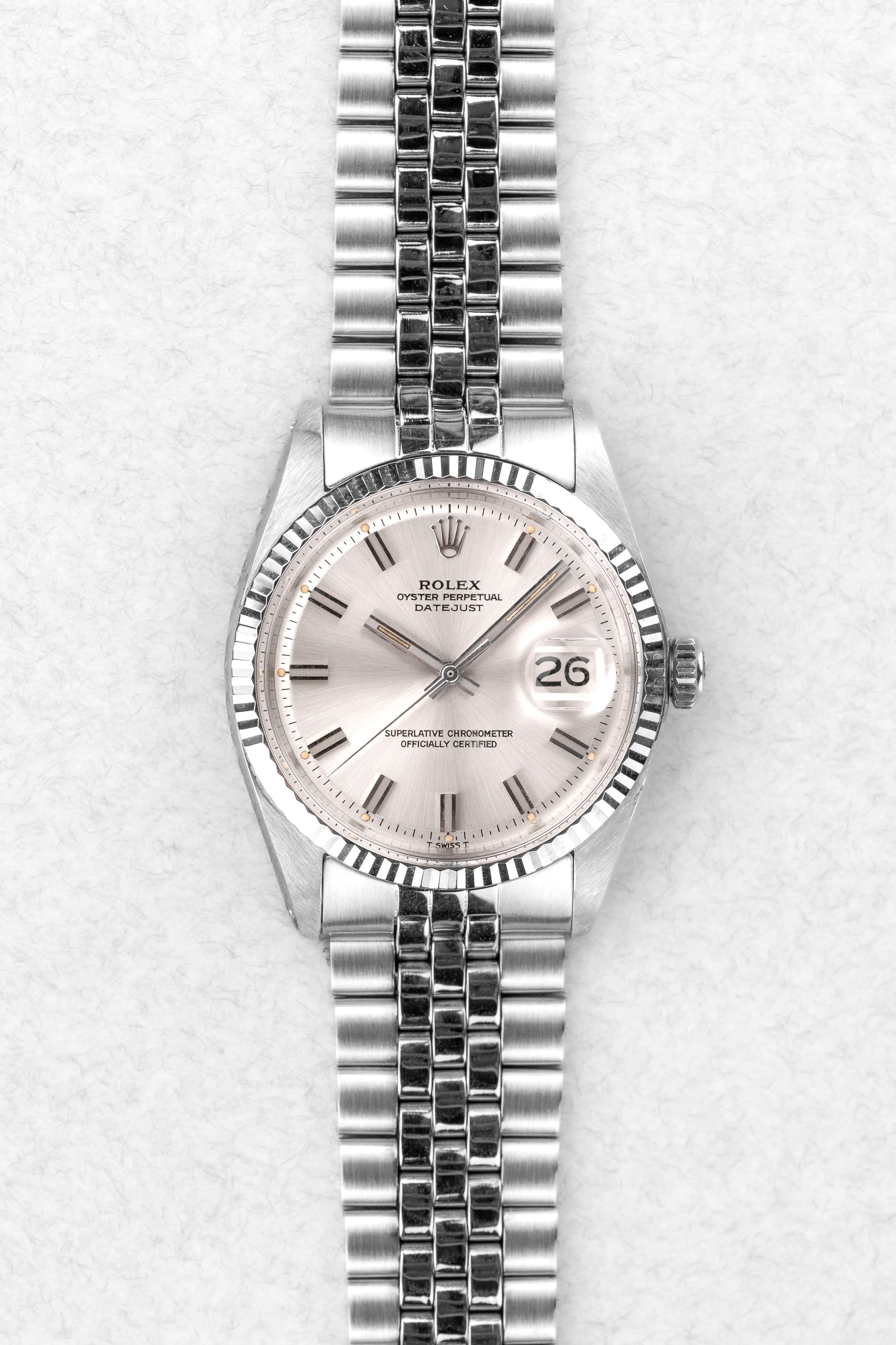 FJGH Rolex Datejust réf. 1601 en acier de 1970 – Cadran « Silver Wide Boy » - Front