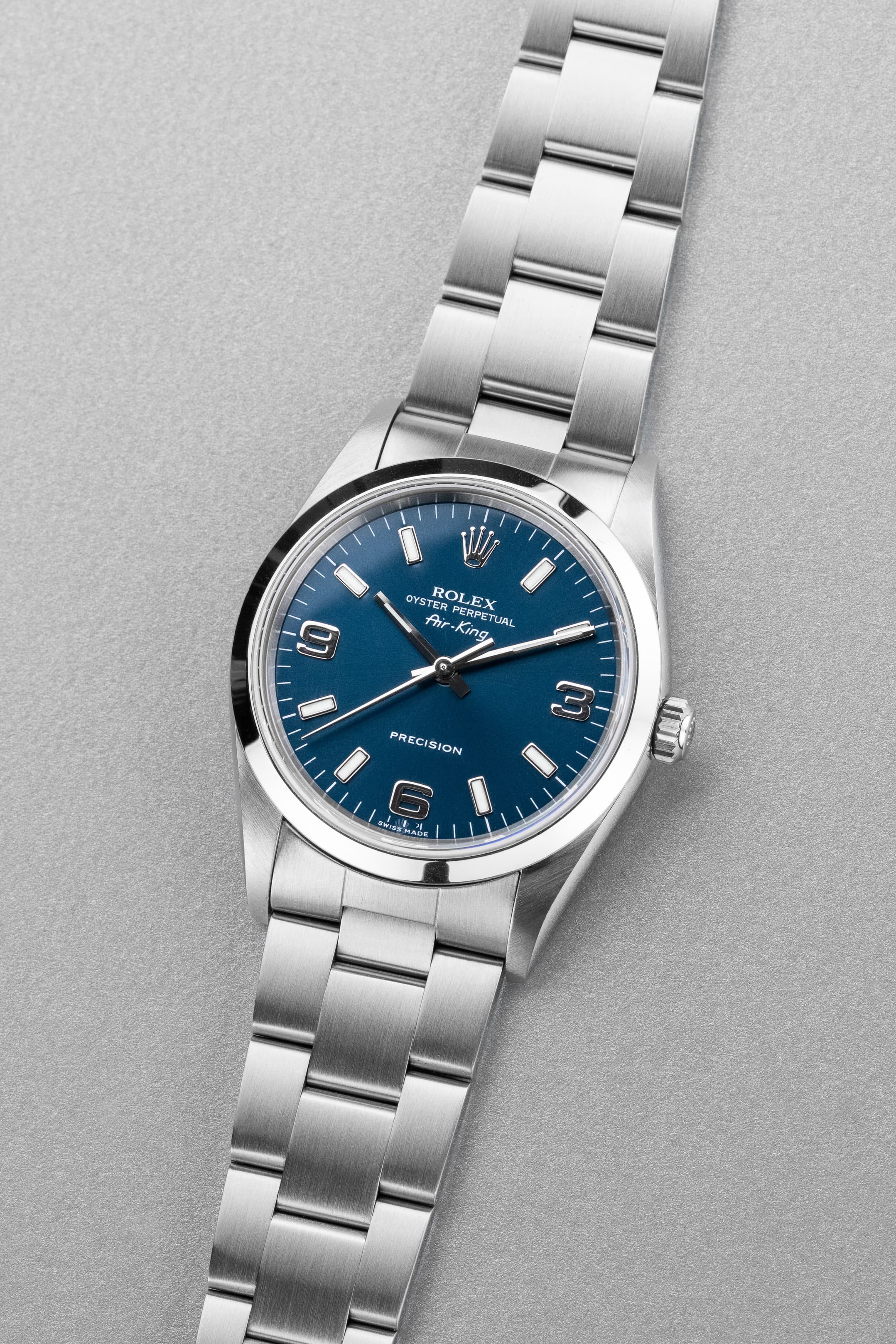 LYH7 Rolex Air-King ref. 14000M del 2006 – Quadrante blu « Explorer 3-6-9 » e Garanzia Rolex - Tre quarti