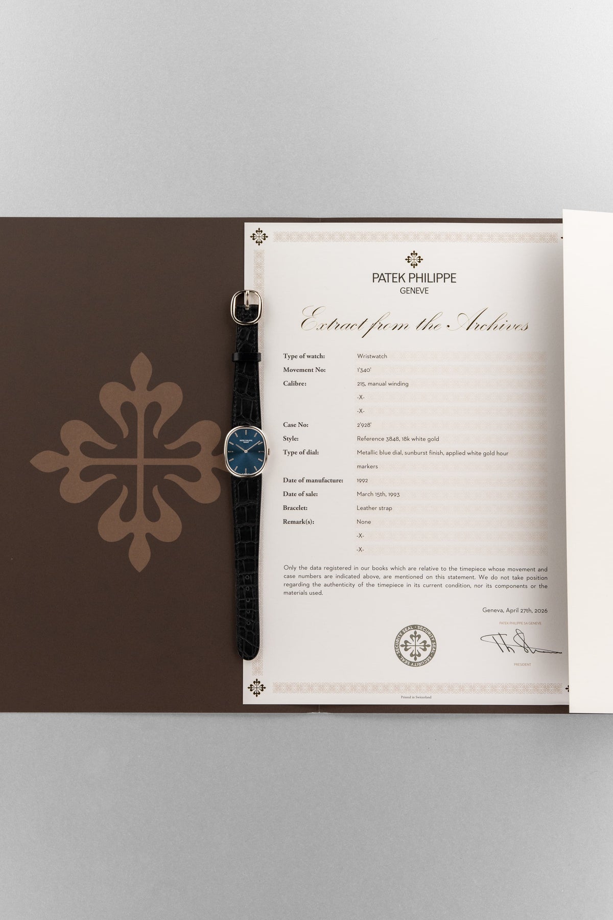 P1VE 卓越罕見 Patek Philippe Ellipse d’Or 型號 3848 白金腕錶，1992-1993 年——藍色 Sigma 字盤 + 品相絕佳 - 文件