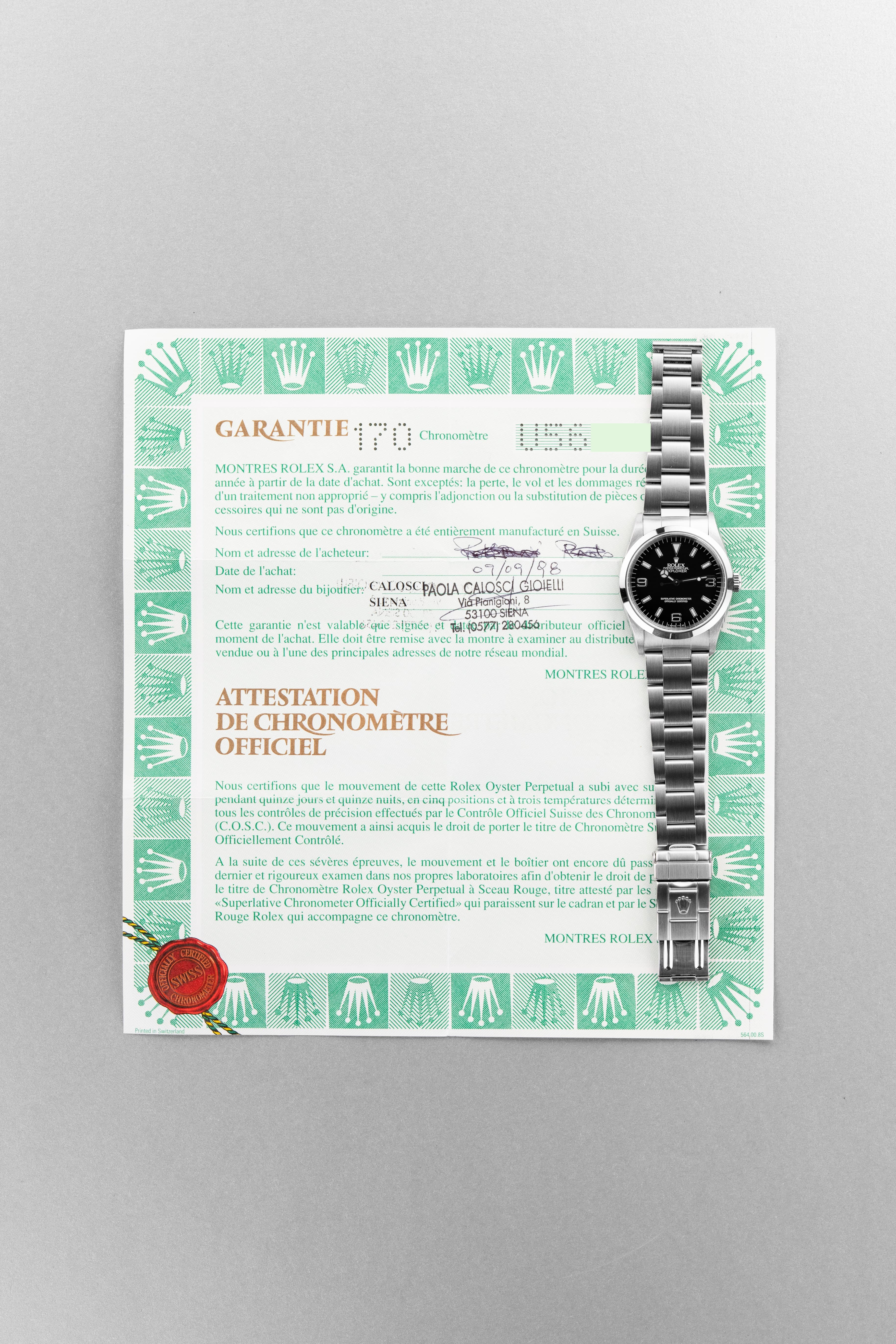 P7FC Rolex Explorer réf. 14270 de 1997-1998 – Full Set + N.O.S. + Sticker Rolex d’origine - Papers