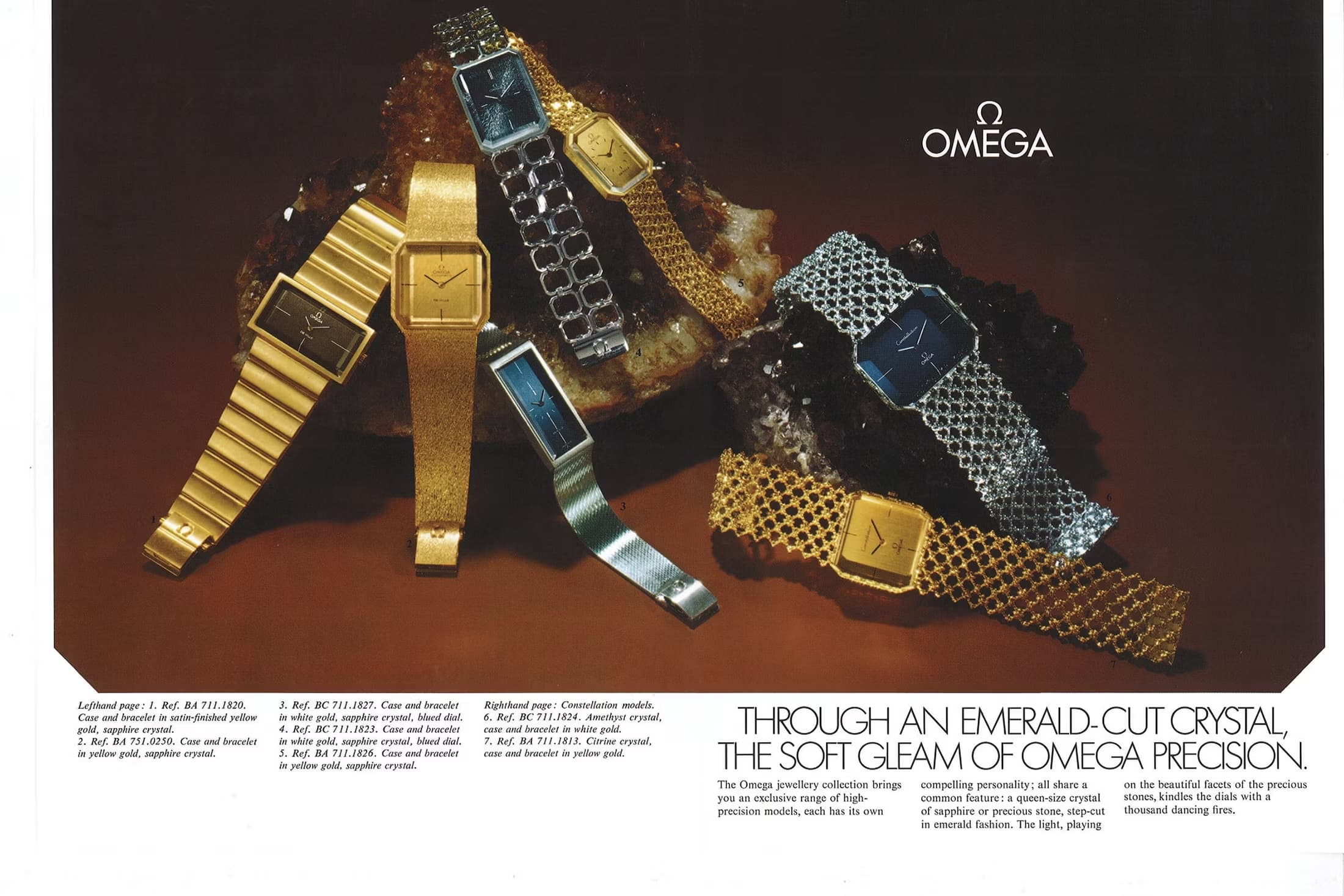 S2PP Omega De Ville « Jeux d'Argent » Emerald par Andrew Grima, réf. 8272 en argent massif, de 1972 - Vintage Ad