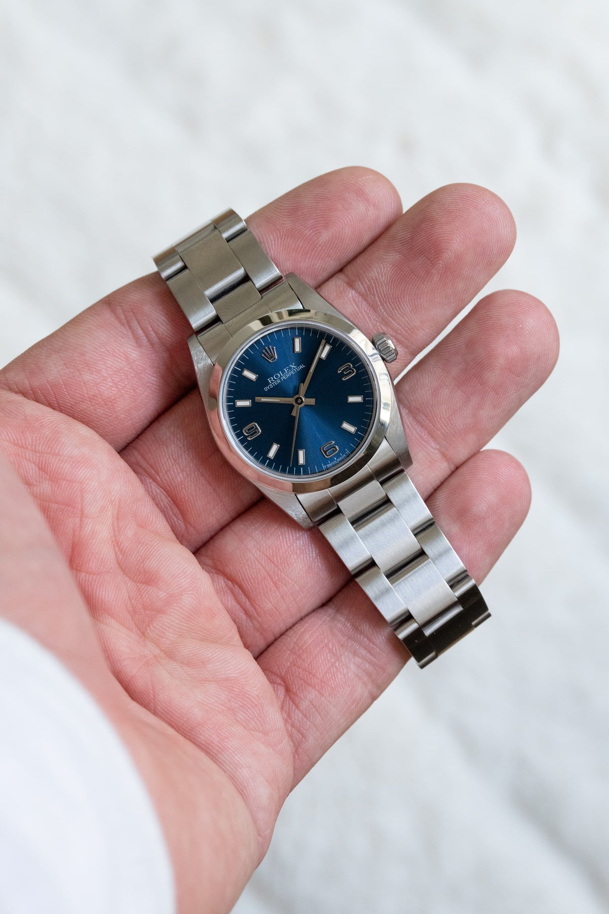 SGNE 1997 Rolex Oyster Perpetual 31 Ref. 67480 – Blue “Explorer 3-6-9” Dial, Original Warranty, Perfect Condition - Lifestyle