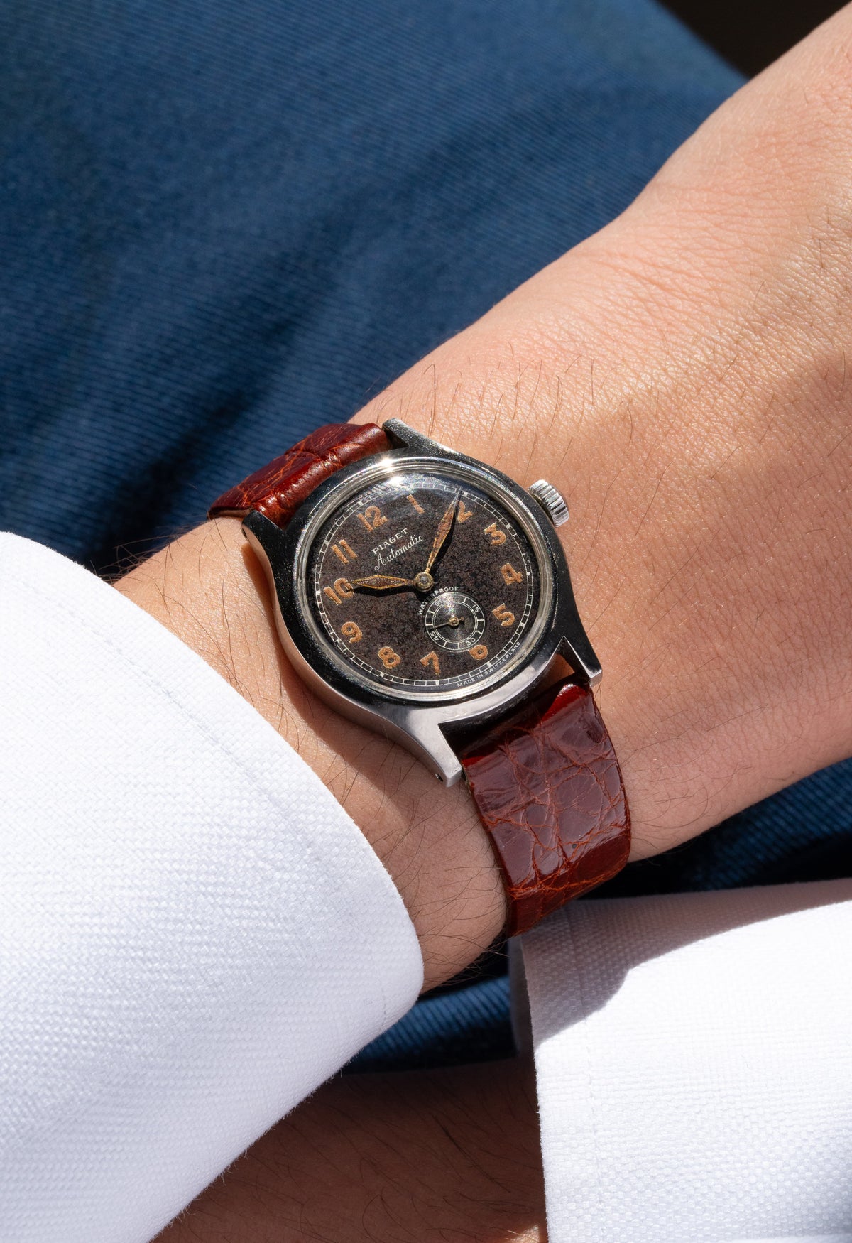 SJNV Extremely Rare and Astonishing Piaget “Military” Automatic in Steel, circa 1945 - Wristshot