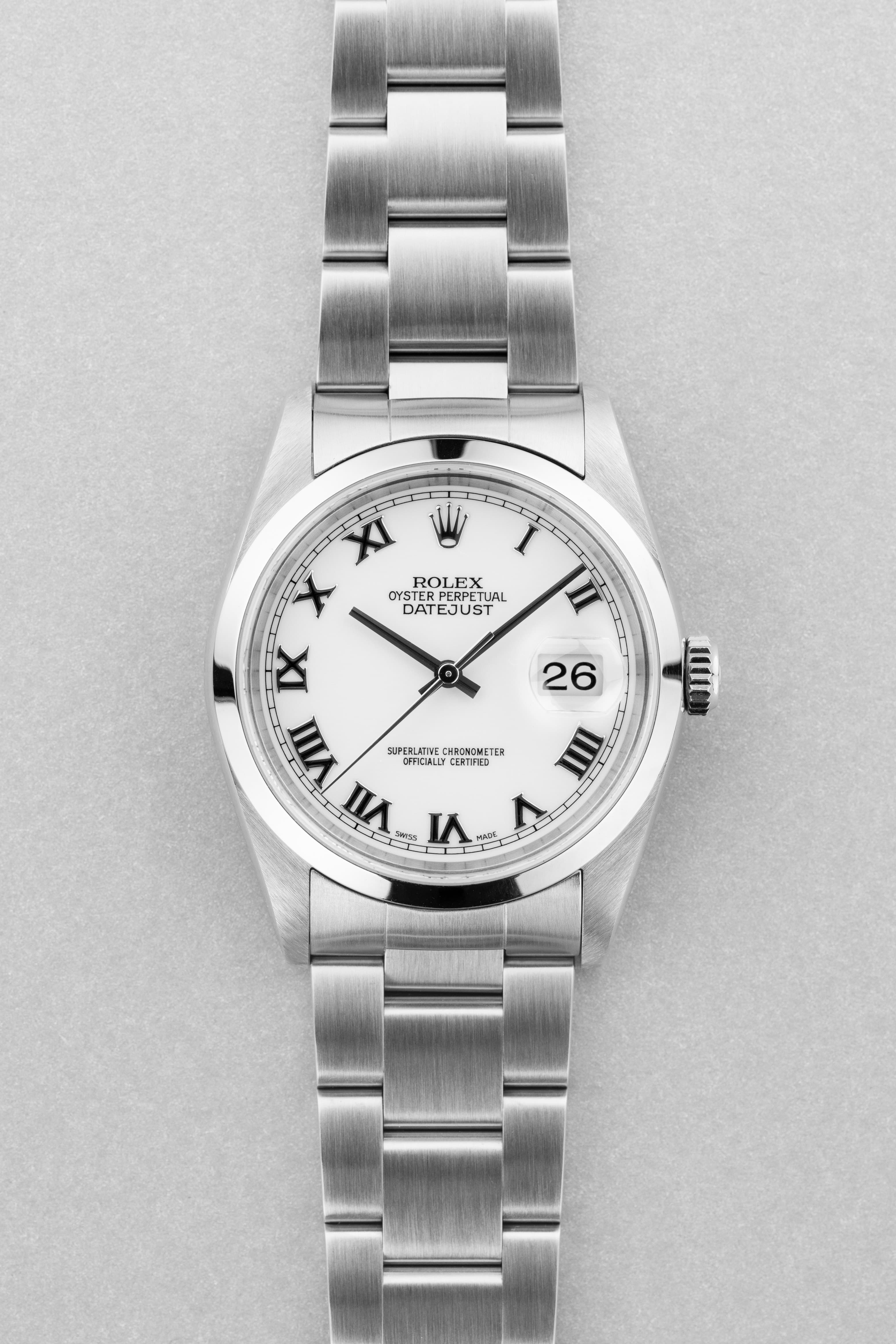 TPHB Rolex Datejust réf. 16200 de 2004-2005 en acier – Garantie d’origine + Cadran « White Roman No Lume » - Front