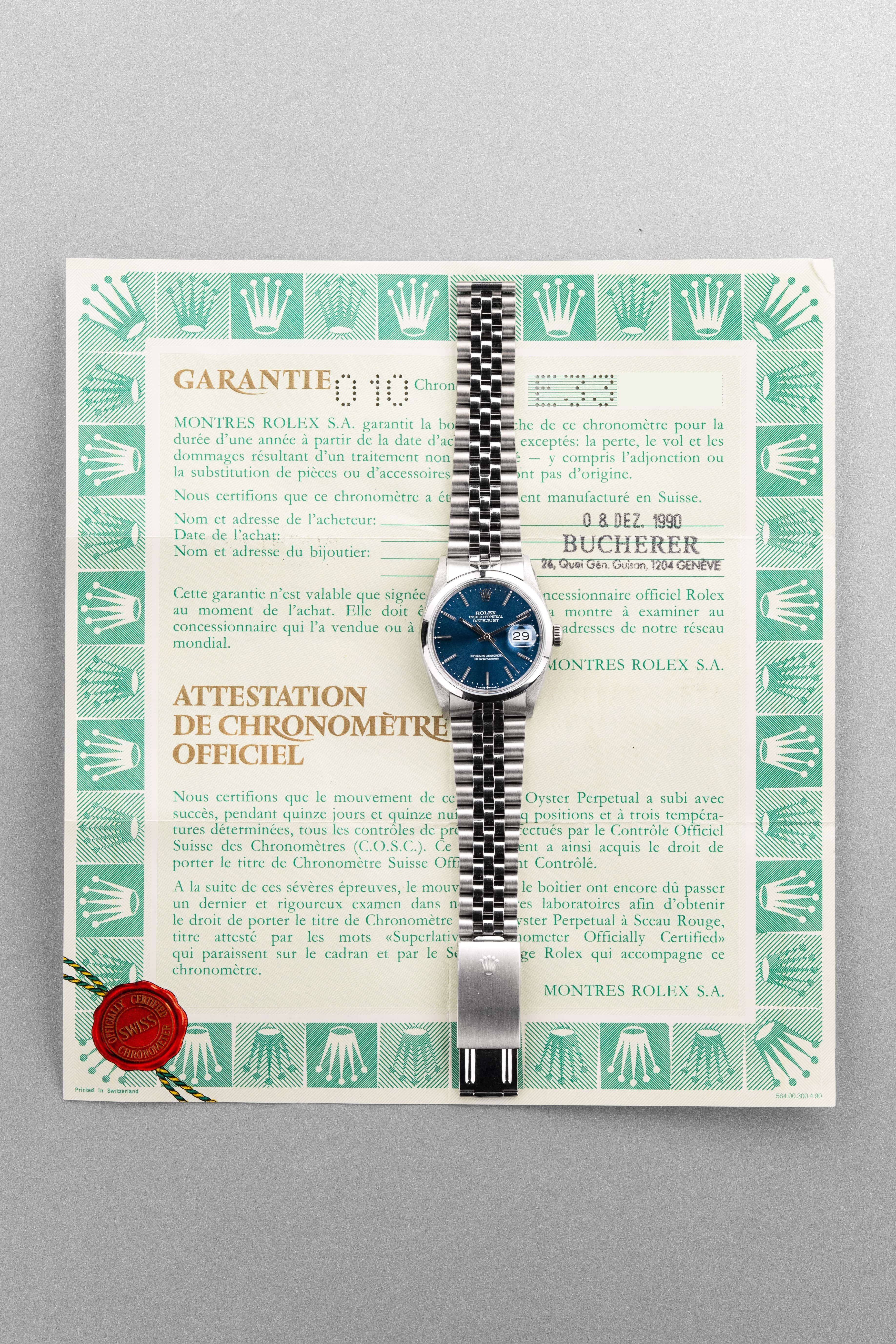 VSUY Rolex Datejust ref. 16200 из стали, 1990 г. — синий циферблат + оригинальная гарантия - Документы