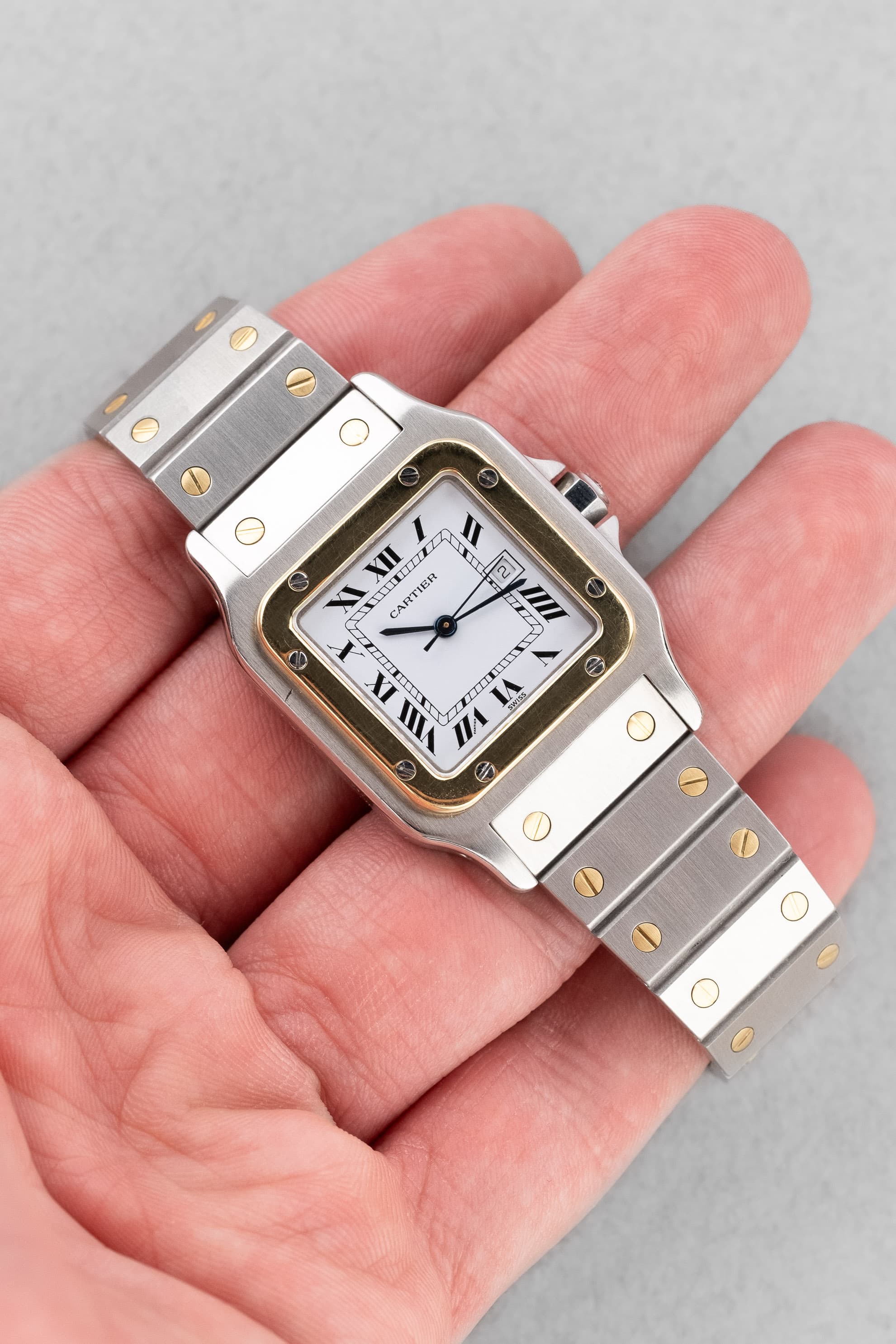 WXKV Cartier Santos Carrée réf. 2961 en acier et or jaune, circa 1985 - Feature